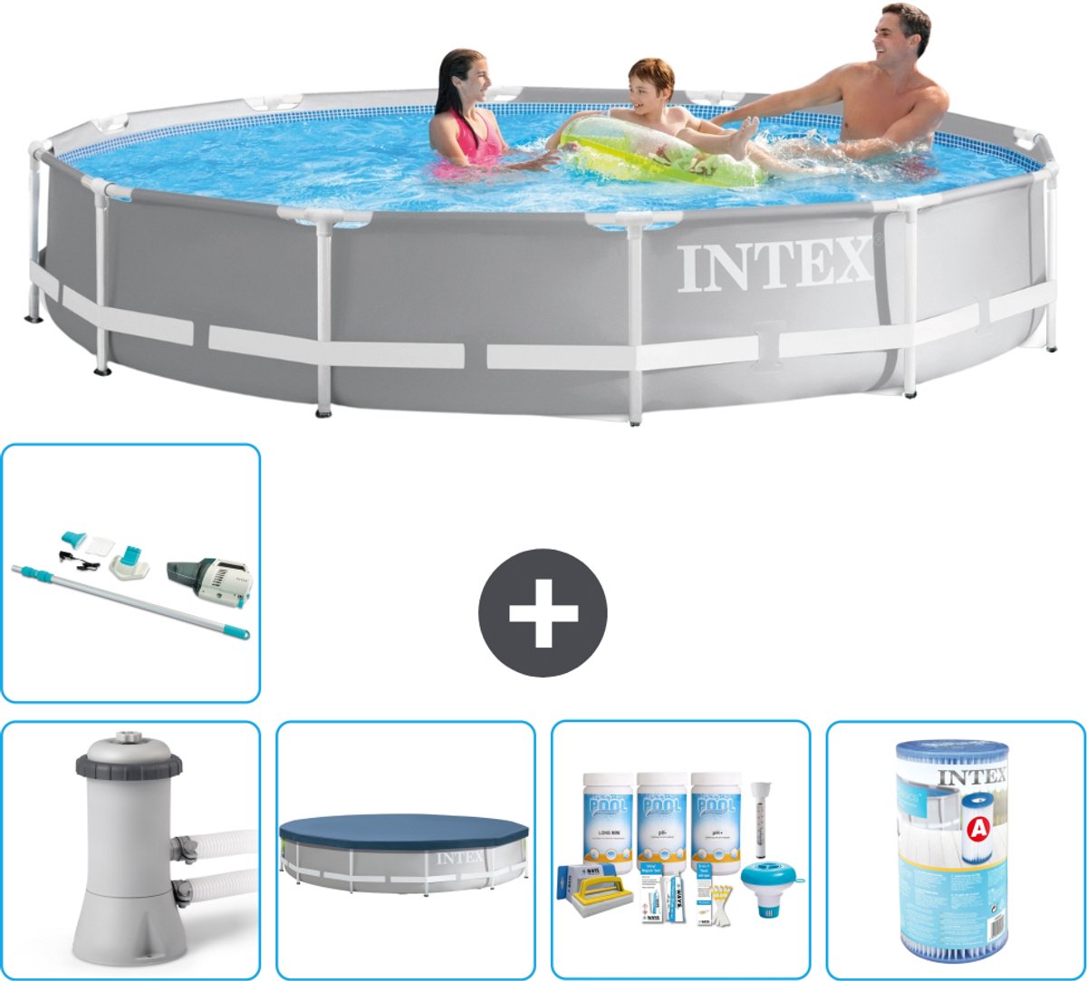 Intex Rond Prism Frame Zwembad - 366 x 76 cm - Grijs - Inclusief Pomp - Afdekzeil - Onderhoudspakket - Filter - Stofzuiger - 6-delig