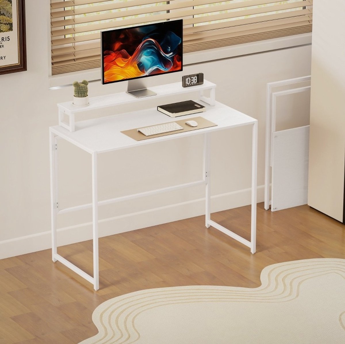 MIVRAY Bureau - Opvouwbaar Computerbureau Met Afneembare Monitorstandaard - Ruimtebesparend Voor Werkkamer En Studie - Wit Hout En Metaal - 100x48x87,5 Cm