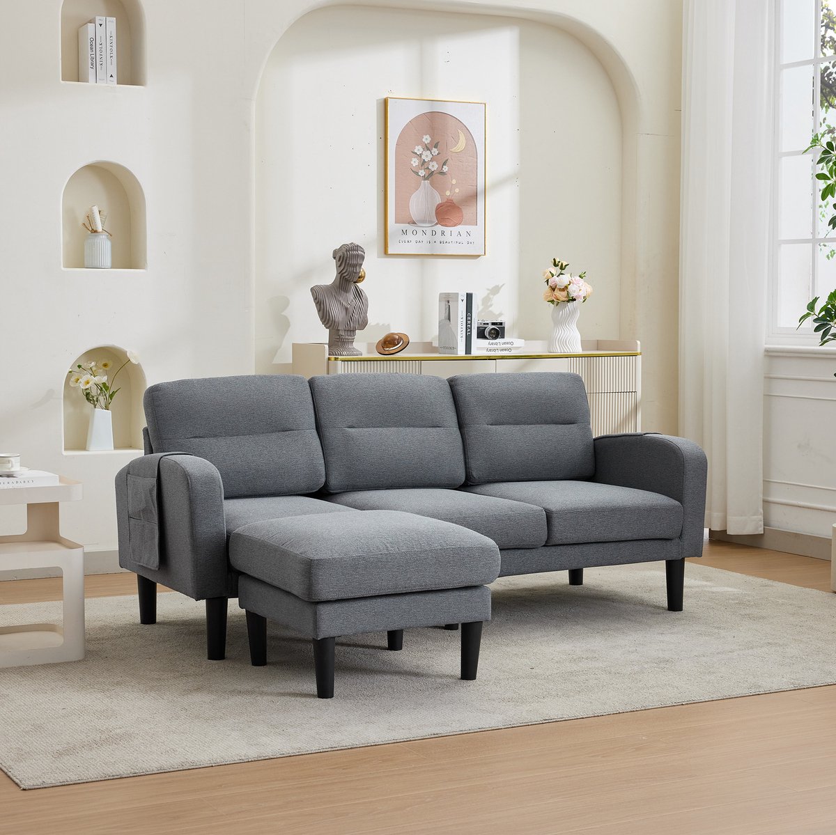 FloraGrace Hoekbank 204 x 136 x 80 cm - 3-Zits L-Vorm Met Chaise Longue, Opbergtassen En Afneembare Kussens - Woonkamer - Stof - Grijs