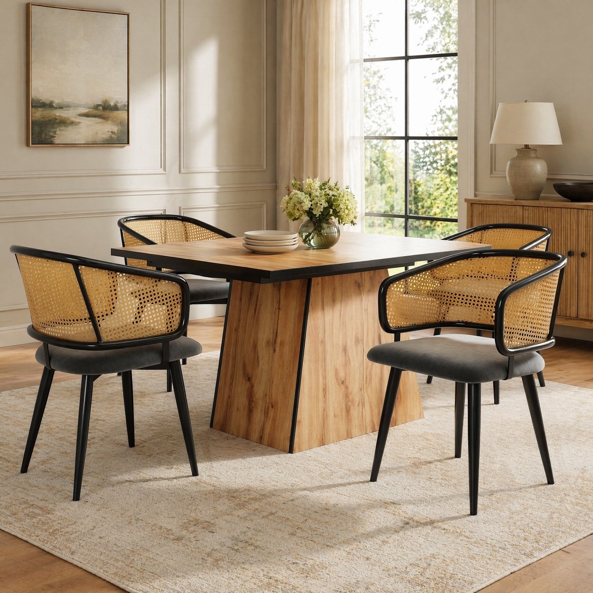 DESMIU Eetkamerstoel 79 Cm - Set Van 4 Met Rotan Rugleuning En Velvet Zitting - Voor Eetkamer, Woonkamer En Cafe - Metaal Grijs