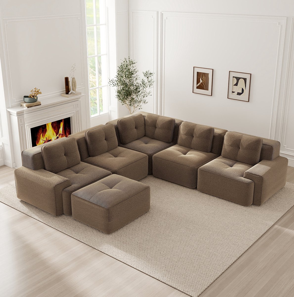 FloraGrace Hoekbank 5-Zits - Modulaire Bank Met Ottomane, Antislip En Zonder Montage - Voor Woonkamer En Kantoor - Ribstof - Bruin