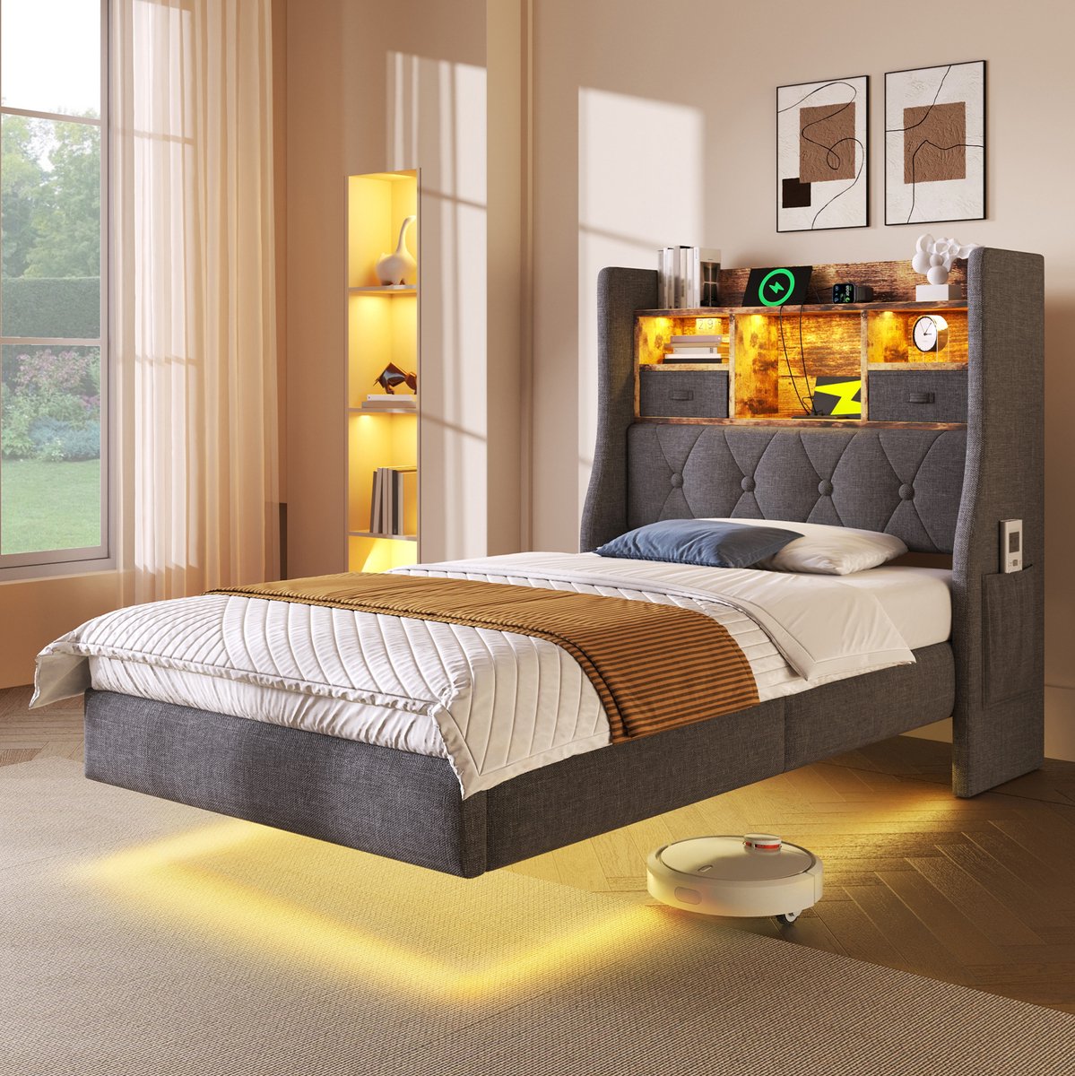 FloraGrace Gestoffeerd Bed 90x200 cm - Met LED Verlichting en USB Oplaadpunten - Met Opbergruimte in Hoofdbord - Zonder Matras - Grijs