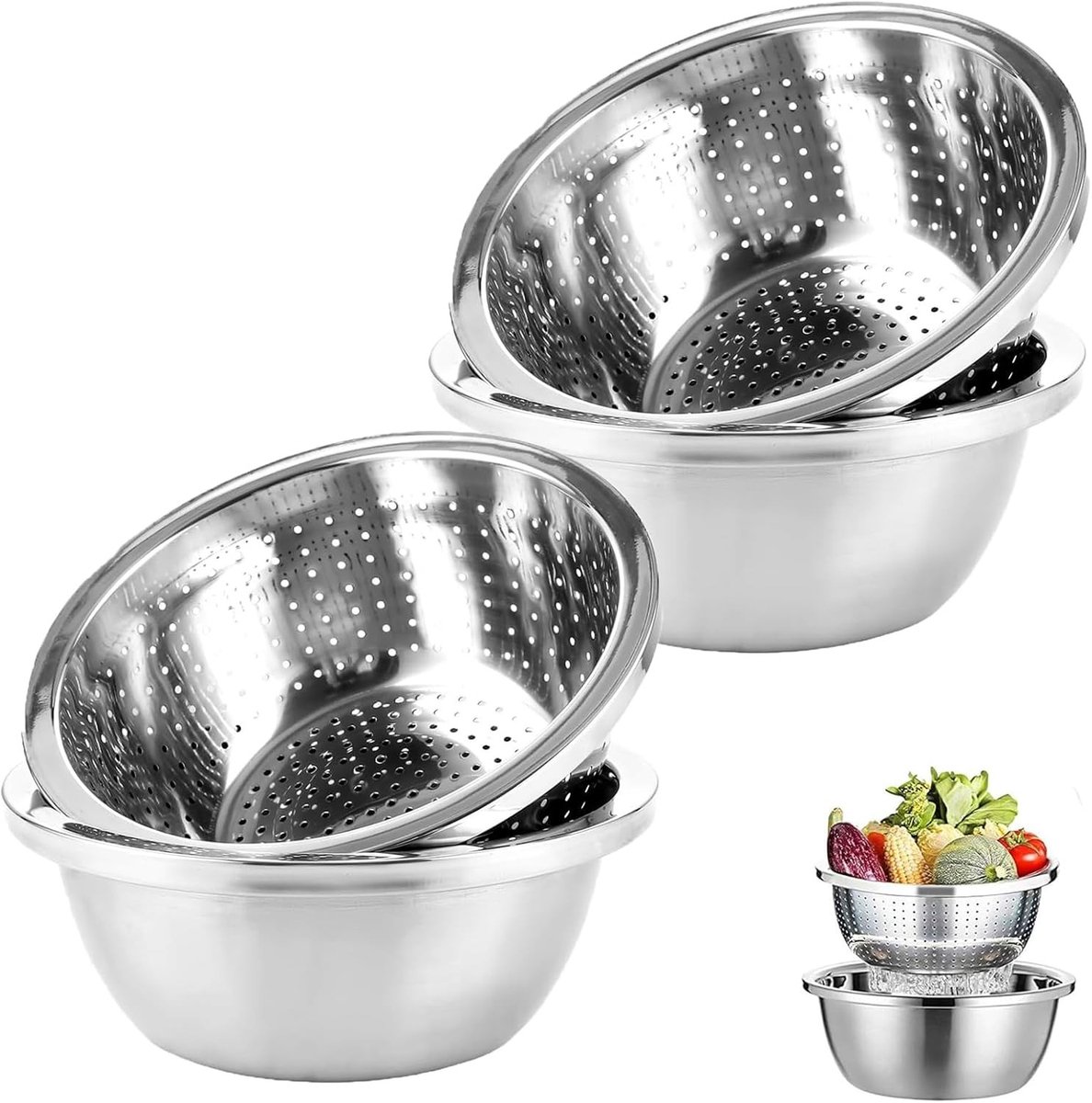 Set van 2 RVS Colanders en Schalen, Ideaal voor Pasta, Groenten en Fruit, Stapelbare Keukenaccessoires van 20 cm