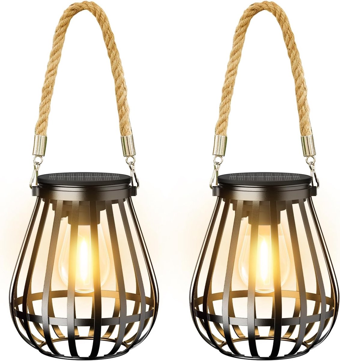 Zonnelampen voor buiten, tuin, 2 stuks, metaal, hangende lantaarn op zonne-energie, LED-gl