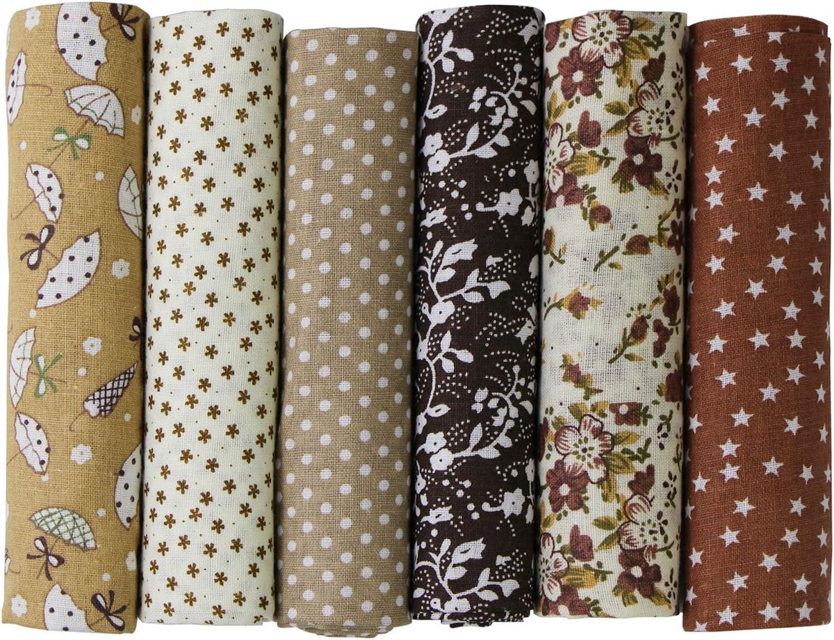 aufodara 6 stuks 50 cm x 50 cm Natuurlijke Katoenen Stof Pakket, Modieus Patroon Decoratieve Katoen Doek voor Naaien, Quilten, Kleding maken, Craft, Decoratie, Handwerk (Bruin)