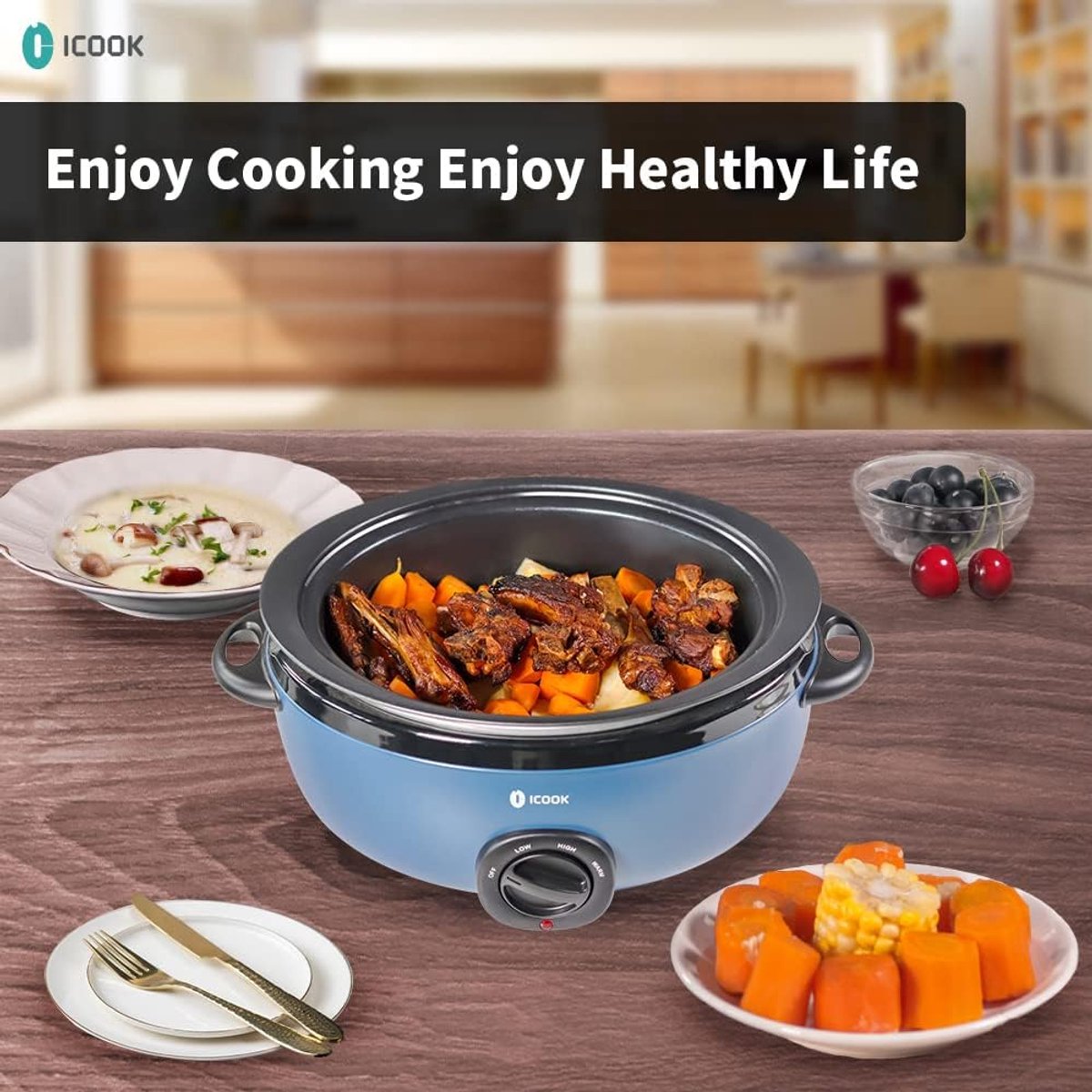 Slowcooker - Stoofpot Pan - Maaltijden Bereiden - Uitneembare Aluminium Pot - 6.5 Quart - Blauw – foto 4