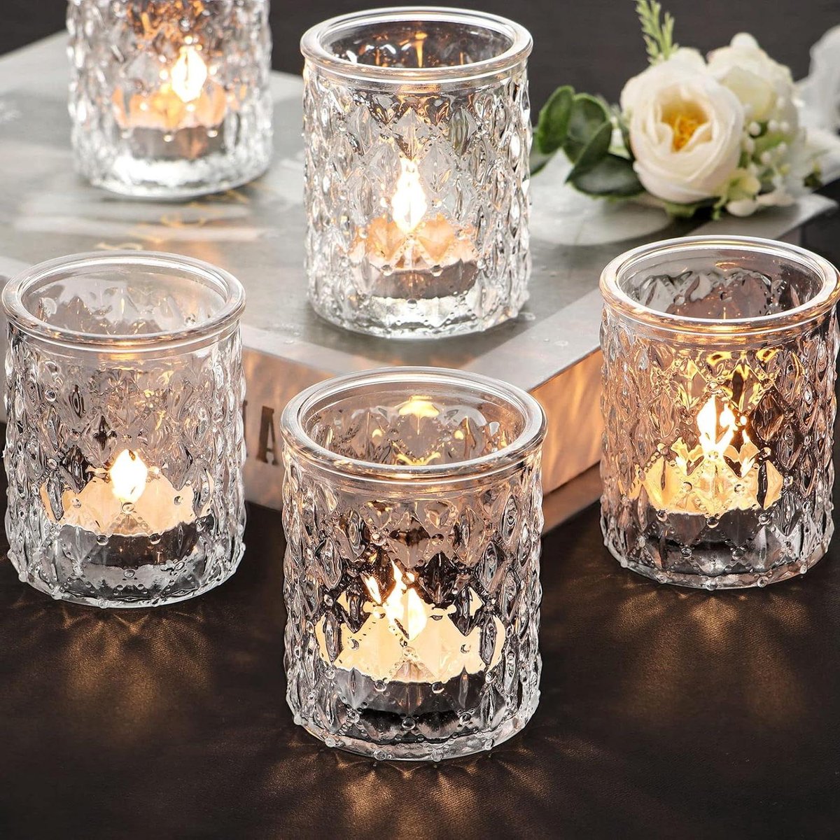 Waxinelichthouders Glas - Theelichthouders Set - Feestelijke Decoratie - Uniek Diamantpatroon - 24 stuks - Helder