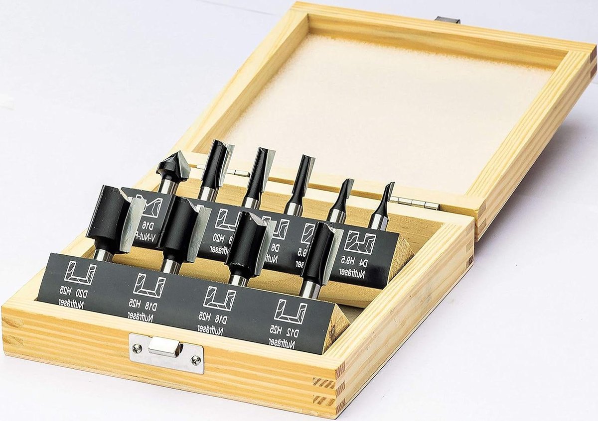 Freesset 10 Delig - Groef- en V-groeffrees - Houtbewerking - HW Hardmetalen Snijvlakken - 8 mm Schacht - Niet Van Toepassing