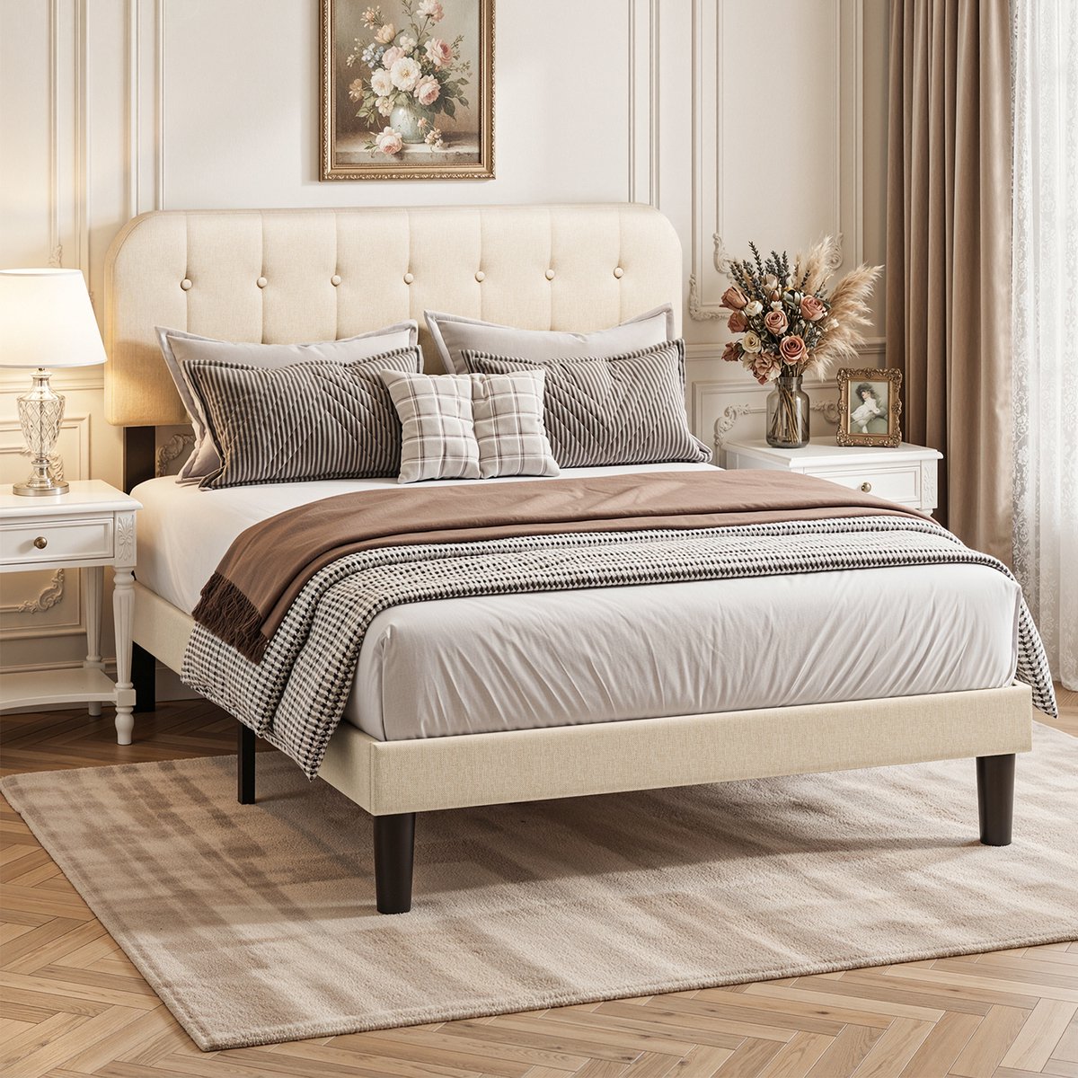 Xbro Gestoffeerd Bed 140 x 200 cm met Verstelbaar Hoofdbord en Lattenbodem, Tweepersoonsbe