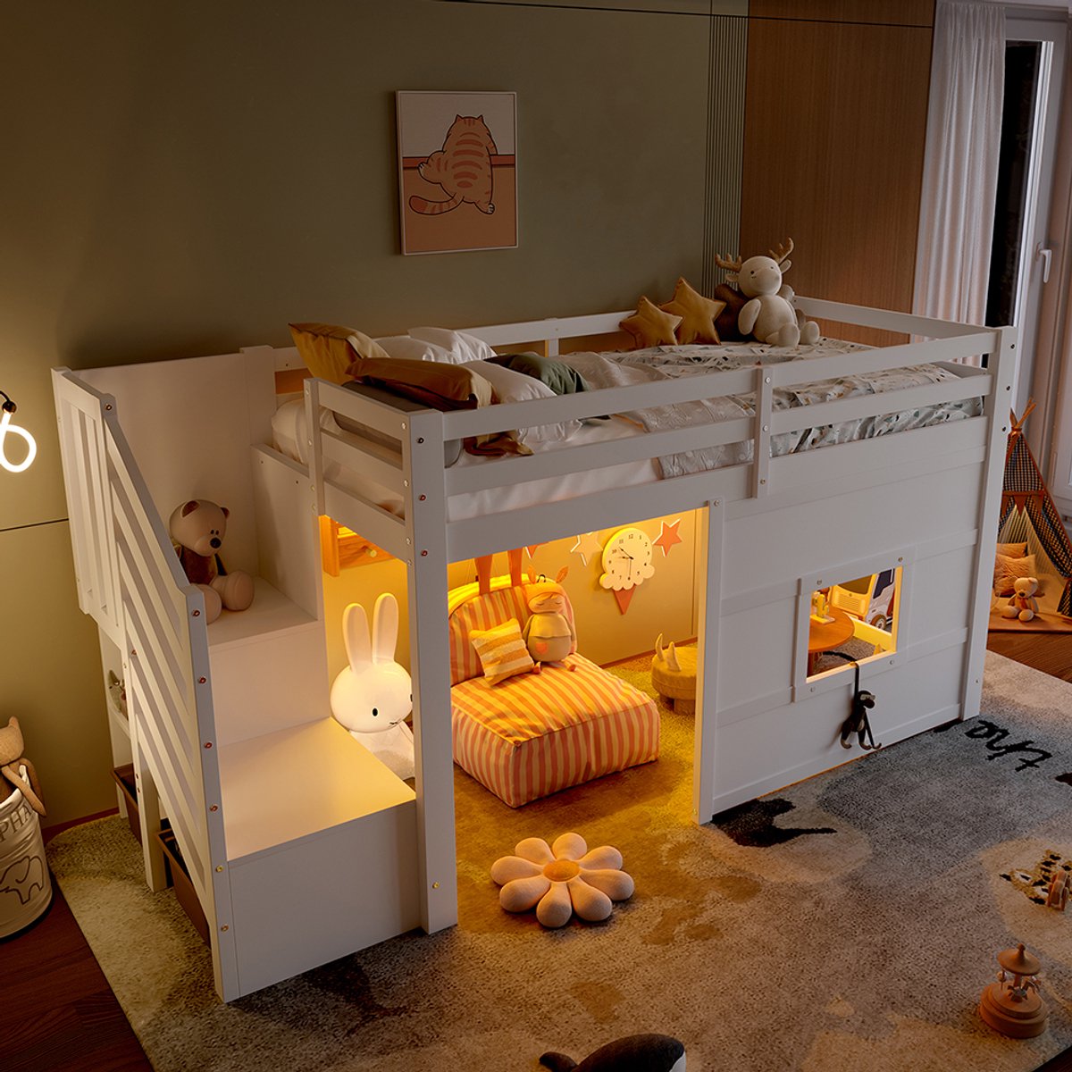 YEHTOKHOME Hoogslaper 90 x 200 cm, Kinderbed, met opbergtrap en raam, ledverlichting, valbeveiliging, lattenbodem, wit, zonder matras