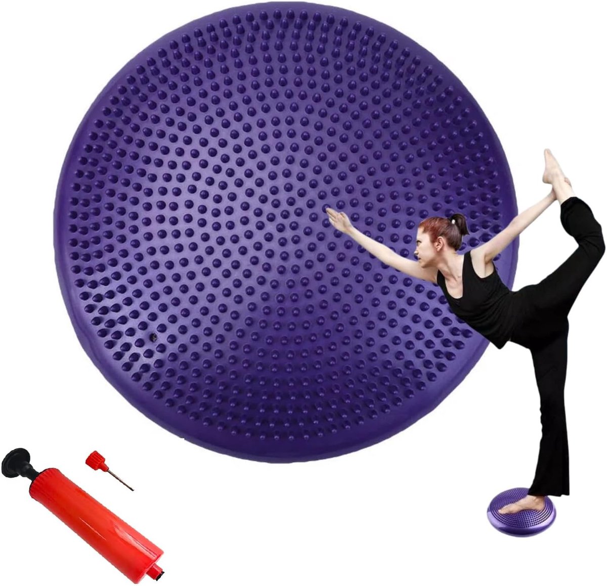 Balzitkussen met luchtpomp, luchtkussen, proprioceptief kussen, balanskussen met pomp, balanskussen voor core, yoga, fitness, pilates, sportoefeningen, training, paars, diameter 33,5 cm