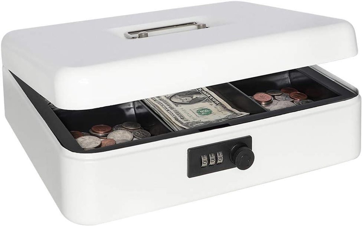 Metalen Geldkist - Spaarpot Combinatieslot - Veilig Geld Bewaren - Combinatieslot - 30 x 24 x 9 cm - Wit