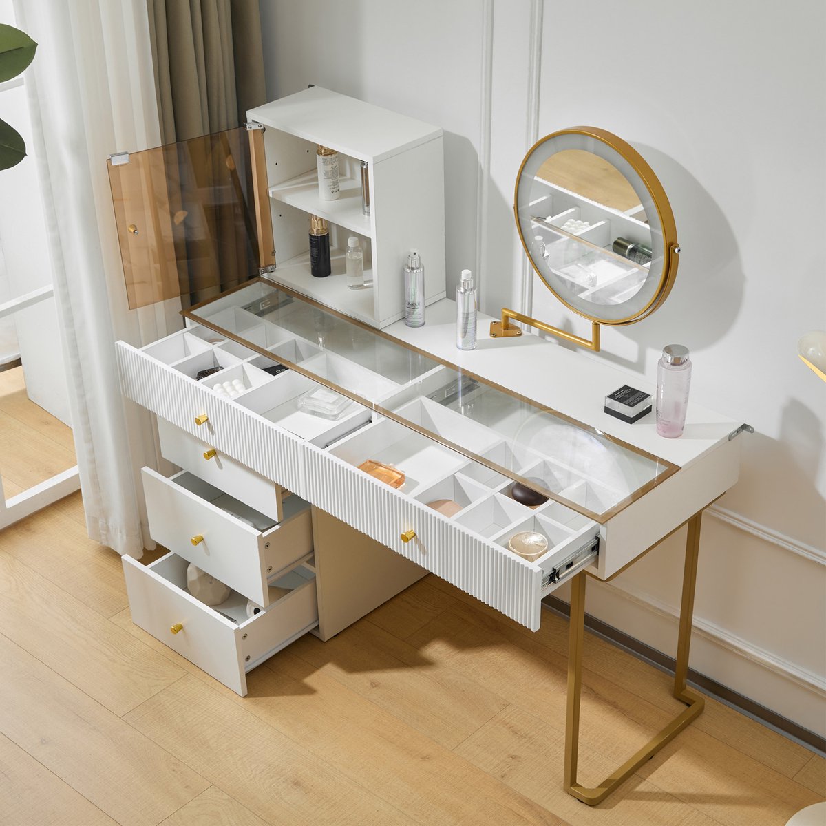 HAUSS SPOLE Kaptafel - Ledspiegel Met Drie Lichtkleuren En Glazen Blad - Flexibele Opstelling Voor Slaapkamer - Wit Goud - 120x45x115 Cm