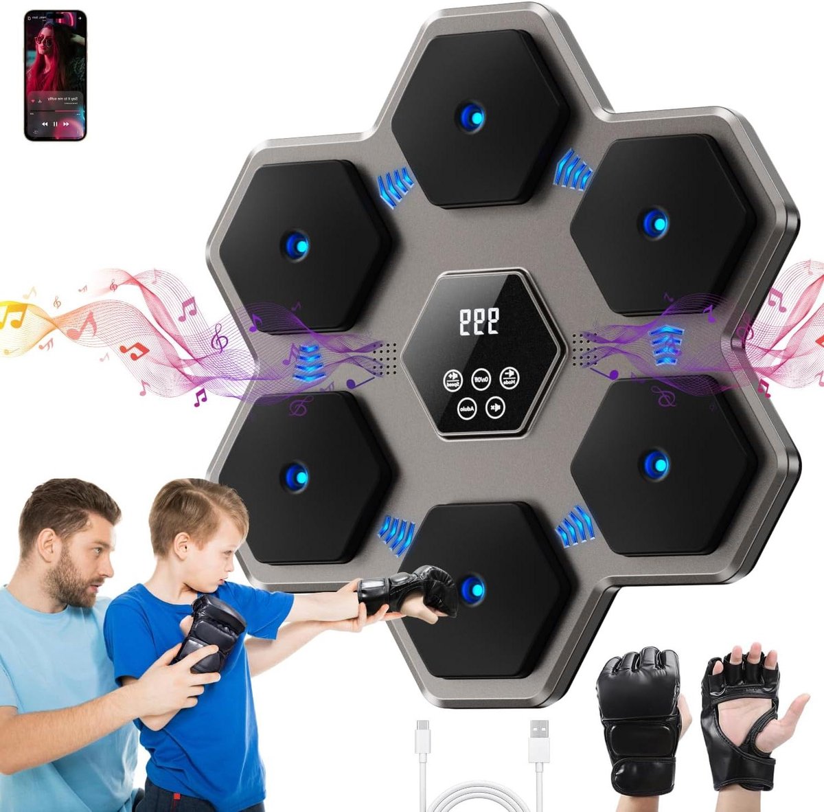 Muziek Boksmachine - Wand Bokstrainer - Thuis Fitness - Slimme Ritmeherkenning - 46 cm - Grijs