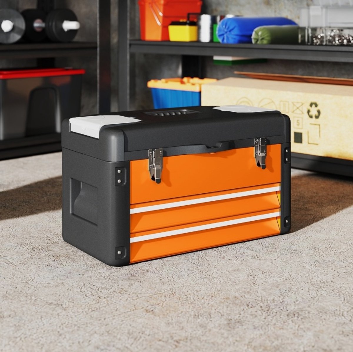 MEUNIQ lege gereedschapskoffer 49,7 x 25,3 x 28,9 cm met 2 lades, afneembare bovenbak en handgreep, stalen gereedschapskist voor garage en werkplaats, oranje
