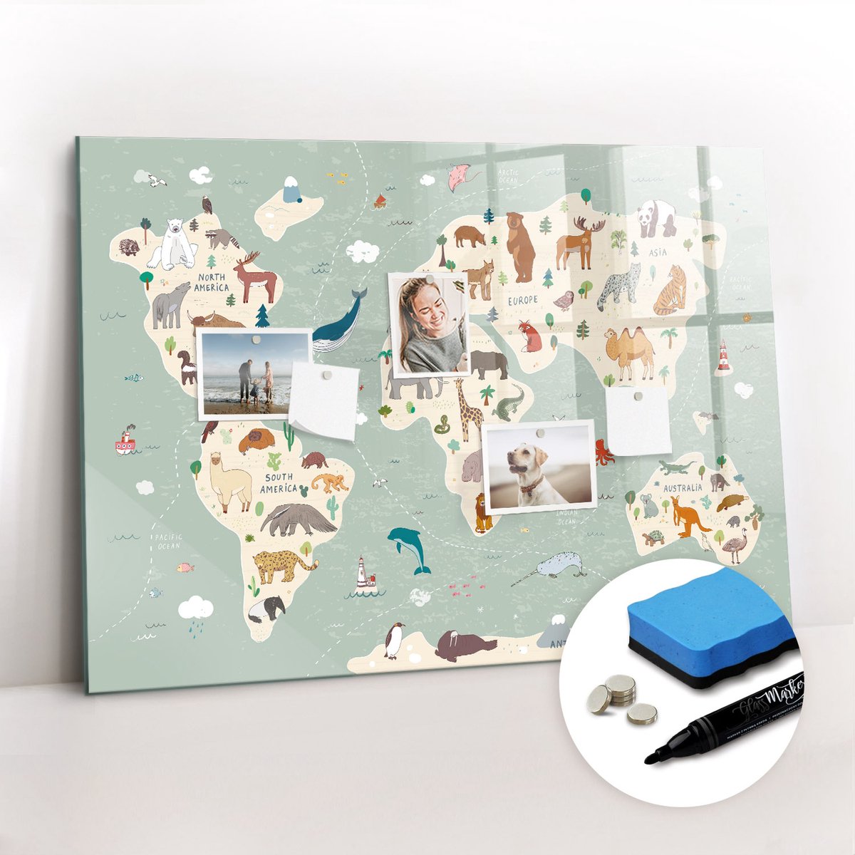 Tulup Whitebord - Dierenkaart van de wereld - 100 x 70 cm - Veelkleurig Magnet Board - Gratis 5 Sterke Magneten + Whiteboard Marker & Wisser - Industrieel Wandbord - Magneetbord Foto - Productiviteit Tools