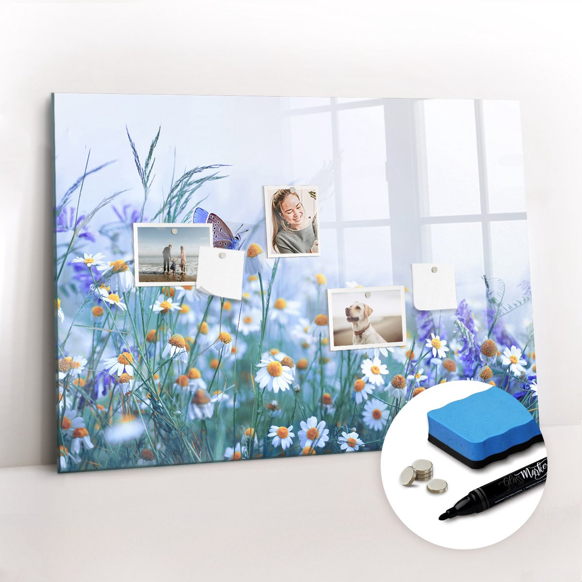 Tulup Whitebord - Vlinder in de wei - 100 x 70 cm - Veelkleurig Metalen magneetborden met lijst - Gratis 5 Sterke Magneten + Whiteboard Marker & Wisser - Wanddecoratie Kantoor - Magnetisch Bord Kind - Productiviteit Tools