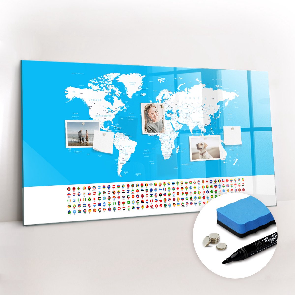 Tulup Whitebord - Overzichtskaart van landen - 120 x 60 cm - Blauw Magnet Board - Gratis 5 Sterke Magneten + Whiteboard Marker & Wisser - Decoratief Magnetisch Bord - Magnetisch Bord - Productiviteit Tools