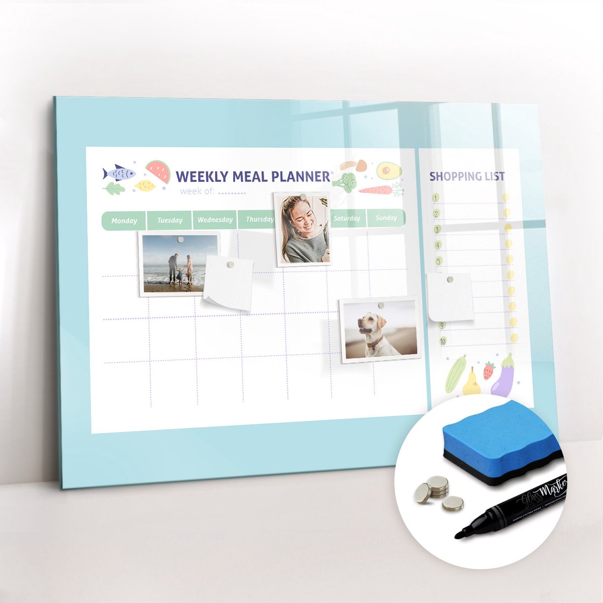 Tulup Whitebord - Gezonde maaltijdplanner - 100 x 70 cm - Blauw Magnetic Board - Gratis 5 Sterke Magneten + Whiteboard Marker & Wisser - Scandinavisch Design Bord - Magneetbord Muur - Planning Muur