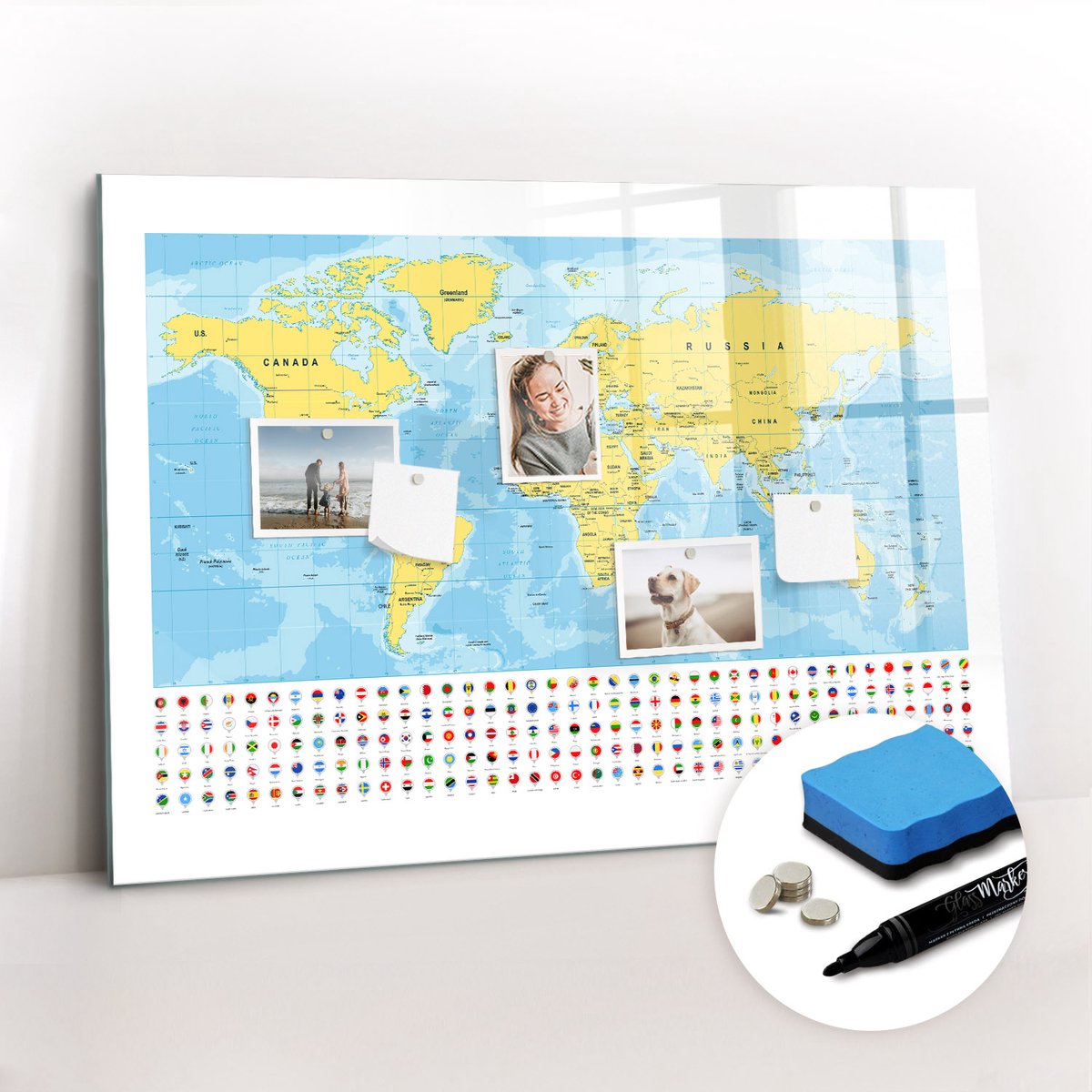 Tulup Whitebord - Wereldkaart en vlaggen - 100 x 70 cm - Veelkleurig Magnetisch Memobord - Gratis 5 Sterke Magneten + Whiteboard Marker & Wisser - Design Memobord - Memo Magneetbord - Productiviteit Tools