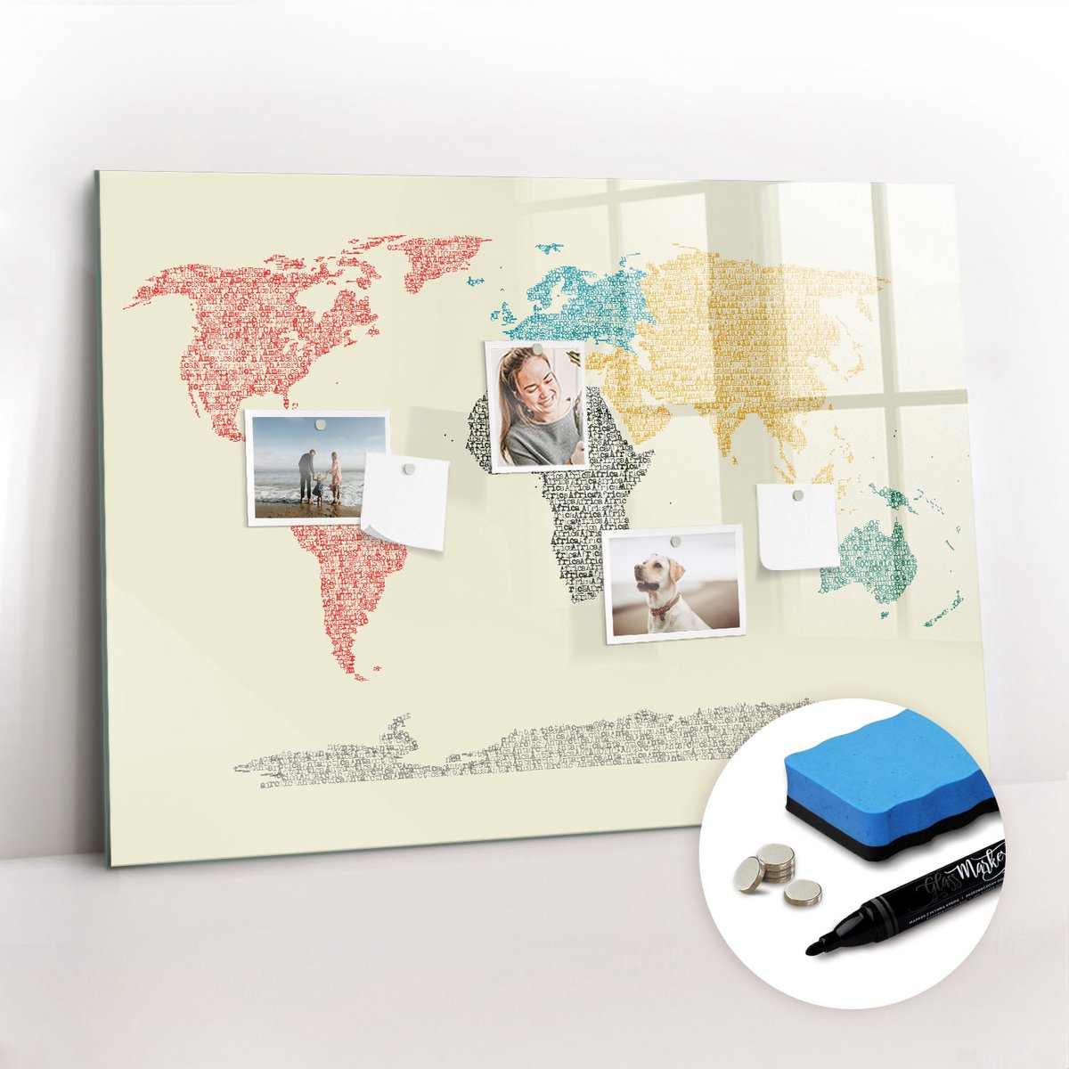 Tulup Whitebord - Een wereldkaart gemaakt van letters - 100 x 70 cm - Veelkleurig Memo Magneetbord - Inclusief Gratis Magneten & Marker & Spons - Decoratief Magnetisch Bord - Magnetisch Bord - Productiviteit Tools