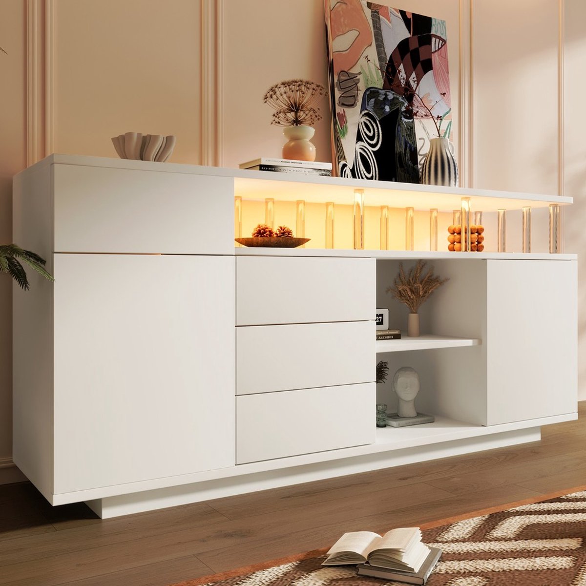 KOMHTOM Dressoir - 160x40x75 cm - Wit - LED-verlichting - 4 Lades - 2 Deuren - Acrylsteunen - Verstelbare Planken - Houten Kast - Woonkamer Keuken Hal - Modern Sideboard - Opbergkast - MDF