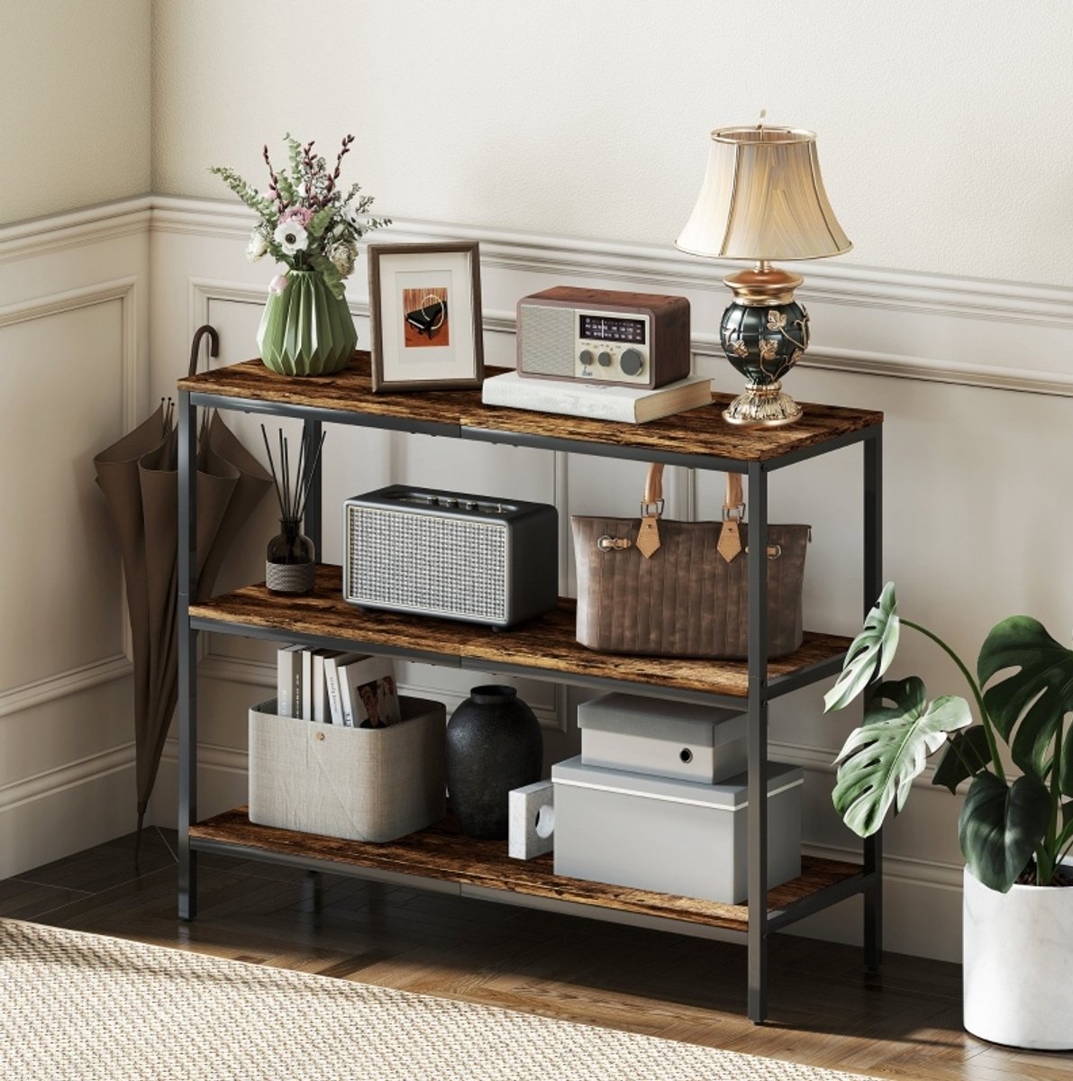 MEUNIQ sidetable 101 x 35 x 80 cm met 3 open planken, industriële consoletafel voor hal of woonkamer, bruin met zwart metalen frame