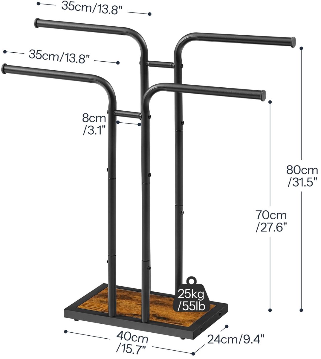 Vrijstaande T-vormige handdoekhouder, handdoekrek met 2 handdoekstangen, handdoekplank, voor badkamer, wasruimte, slaapkamer, Zwart en Vintage Bruin EBF14LB01