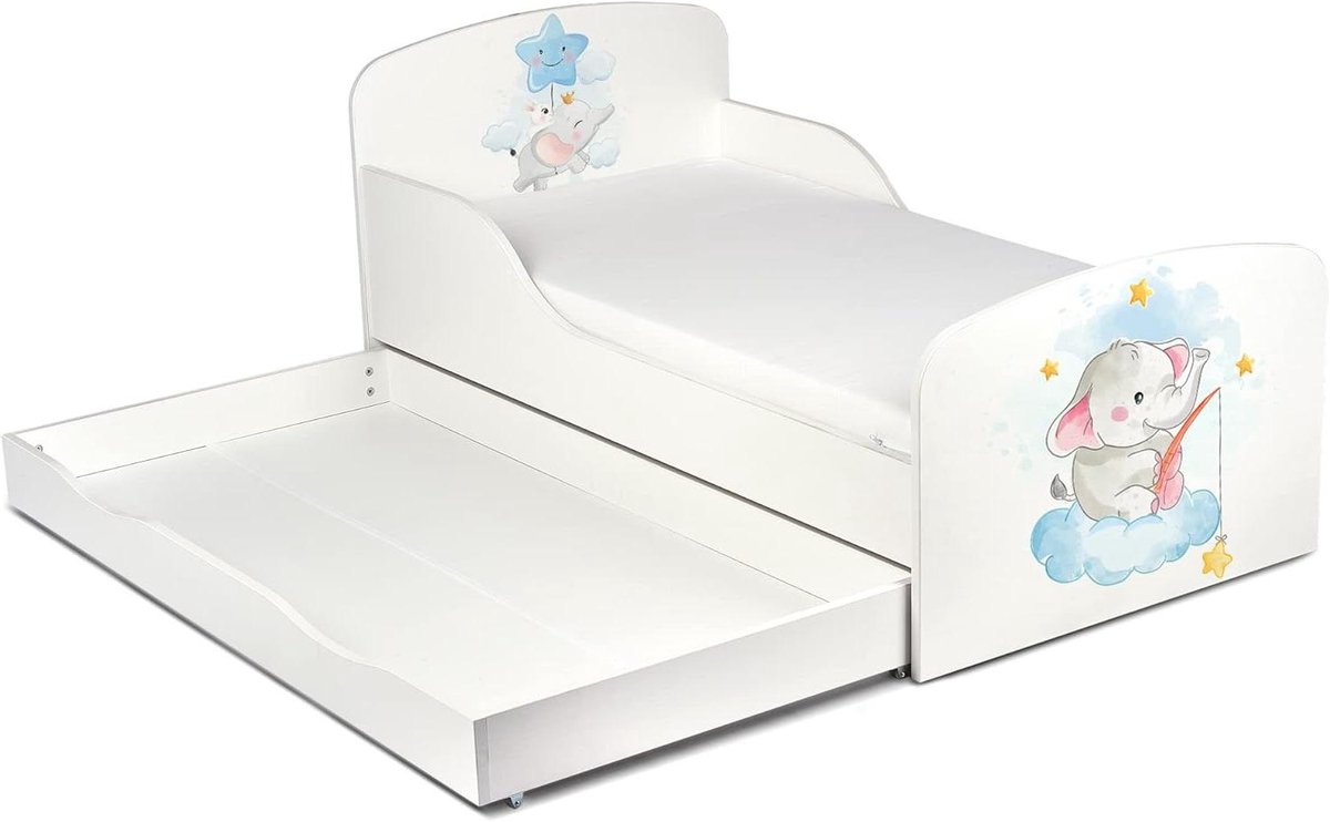 Kinderbed met Lade - Peuterbed Hout - Veilige Overgang - UV-druk Olifant - 140x70 cm - Wit