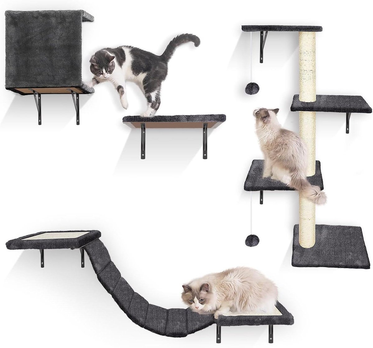 Kattenklimwand Set - Kattenmeubel Wandmontage - Spelen en klimmen - Ruimtebesparend verticaal design - 10-delig - Grijs