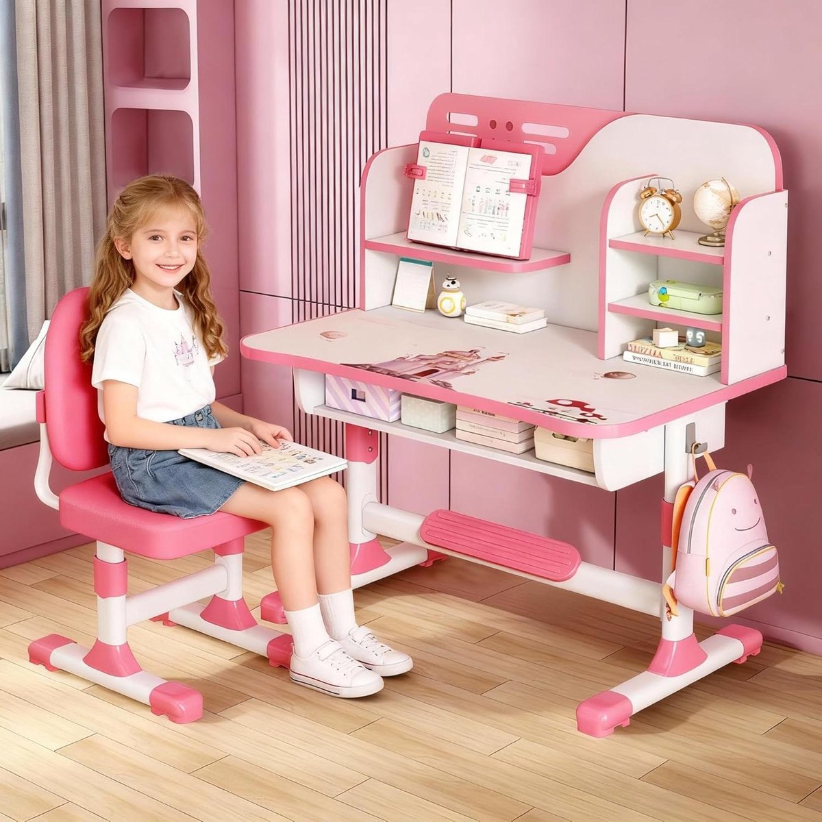 Kinderbureau met Stoel - Studie Meubel Set - Leren en Lezen - Verstelbare Hoogte - 80 cm Breed - Roze