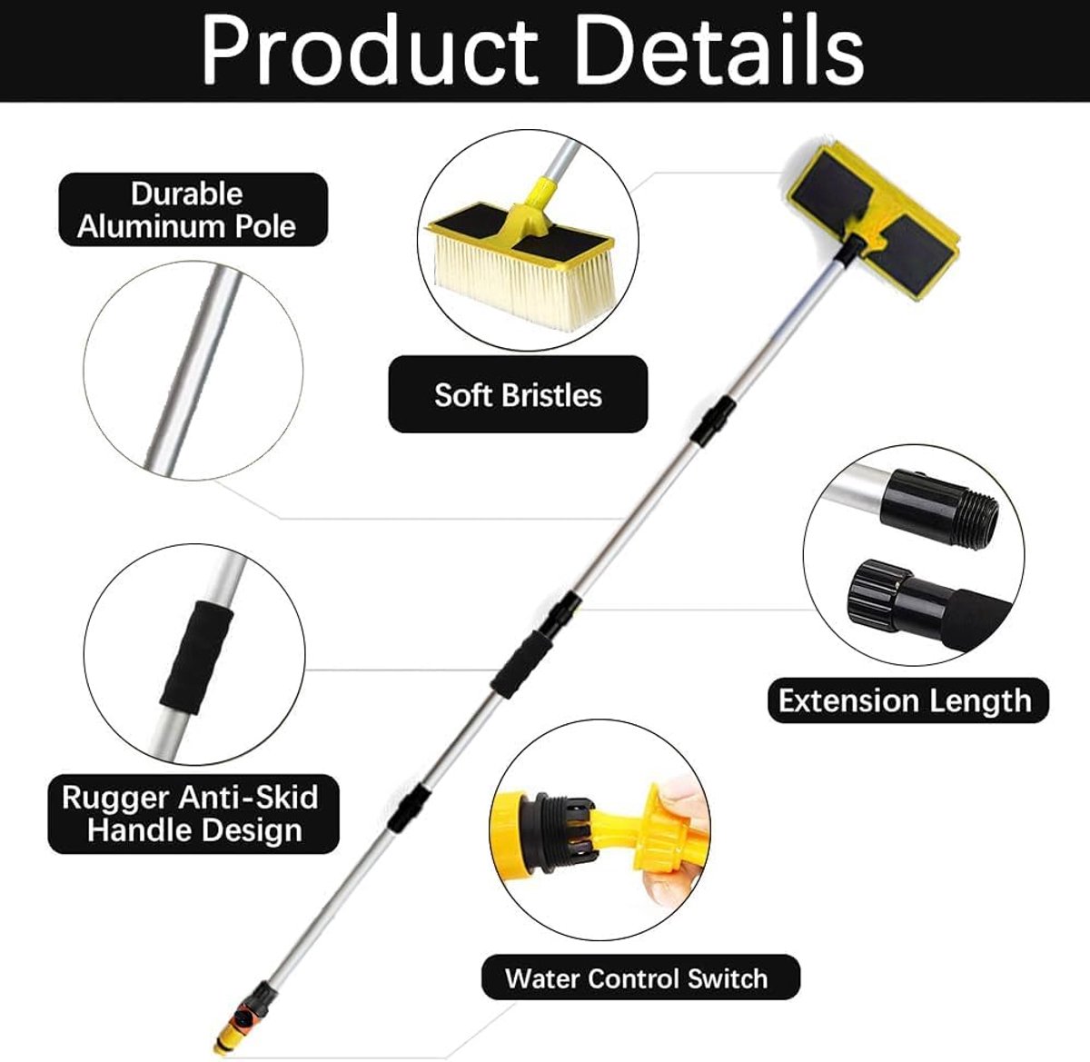Wasborstel voor auto met wateraansluiting, autowasborstel met steel, 55-168 cm, wastafel met slangaansluiting, autoborstel, wasborstel, telescoopwaterborstel, voor caravan, auto, vrachtwagen, bus