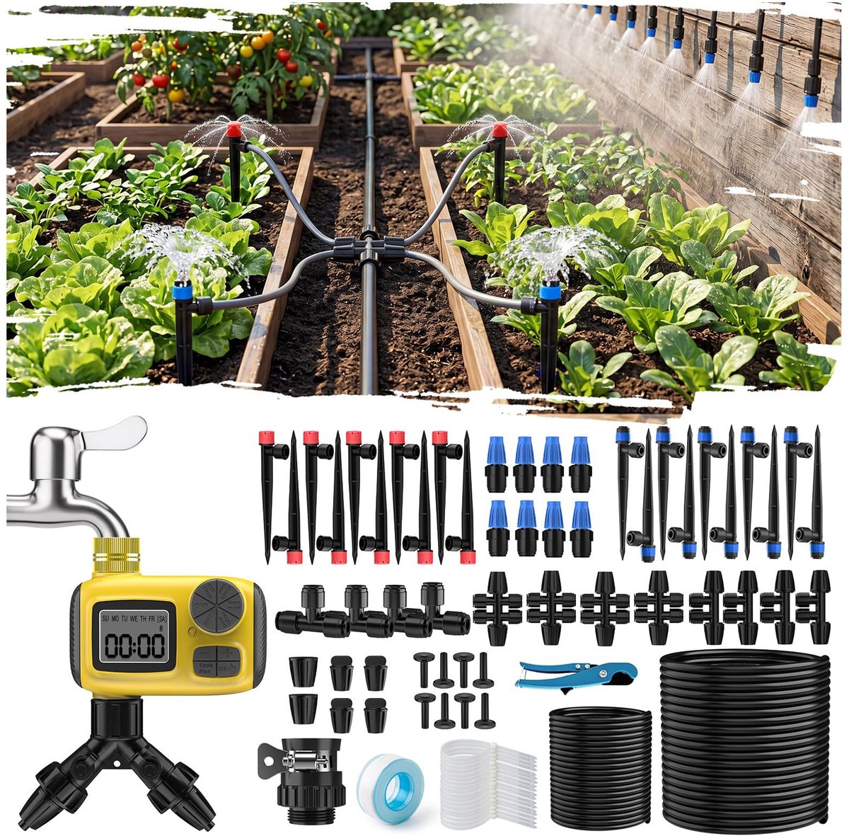 Druppelirrigatieset met timer, automatisch bewateringssysteem, programmeerbaar, 25 m, druppelirrigatieslang, complete set voor tuin en moestuin