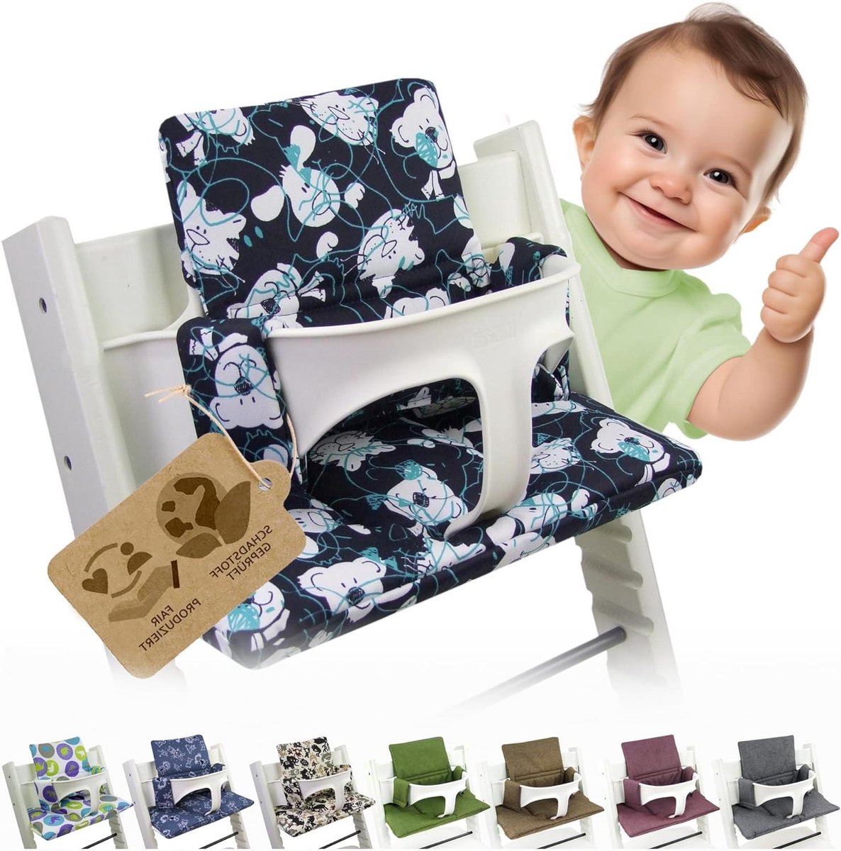 Kinderstoel Kussen - Zitverhoger Bekleding - Comfortabel Zitten - Extra Zacht & Wasbaar - 2-Delig - Beertje Blauw