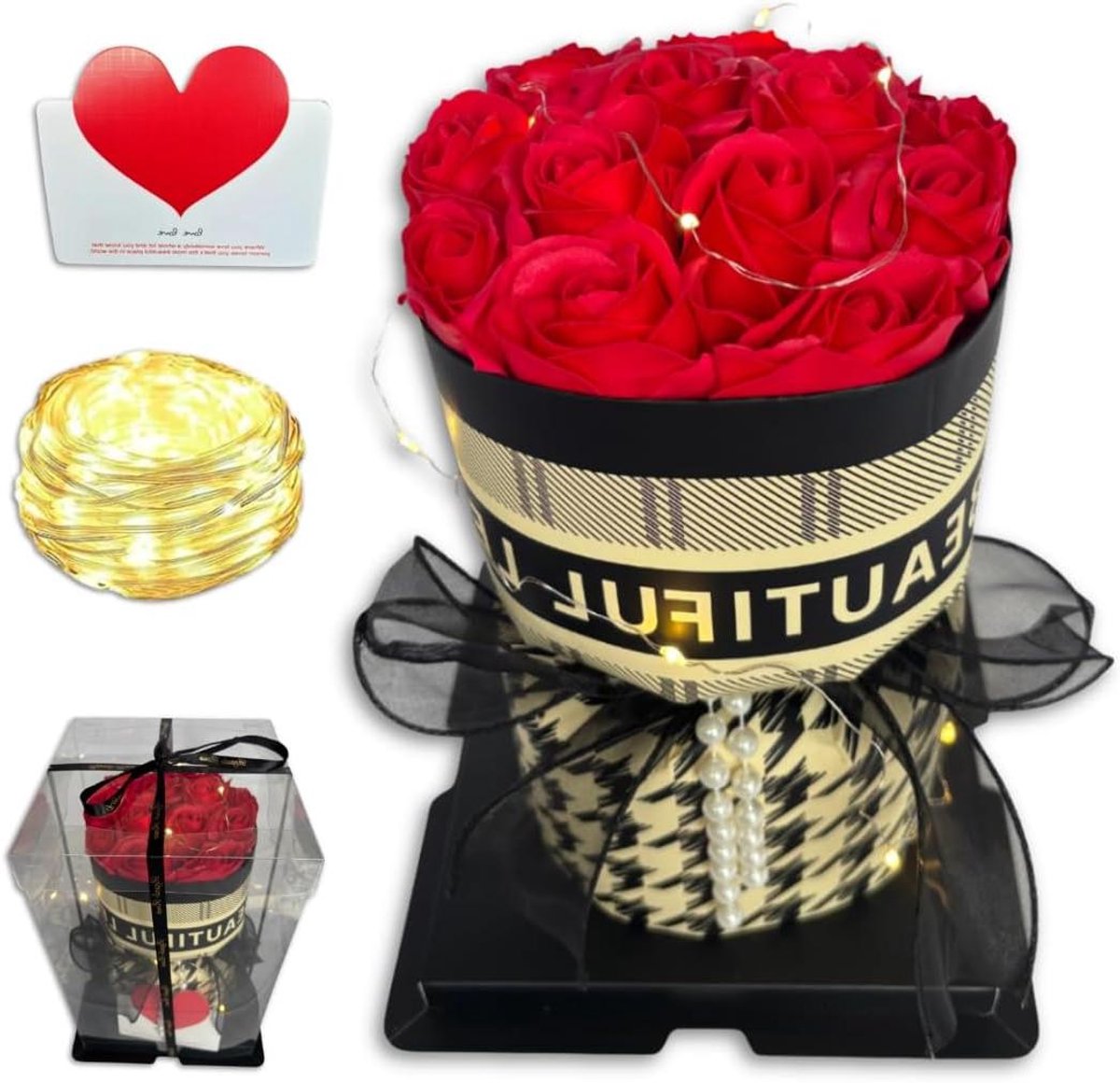 Kunst Rozen Boeket - Eeuwige Bloemen - Decoratie Interieur - Met LED Verlichting - 25 cm Hoog - Rood