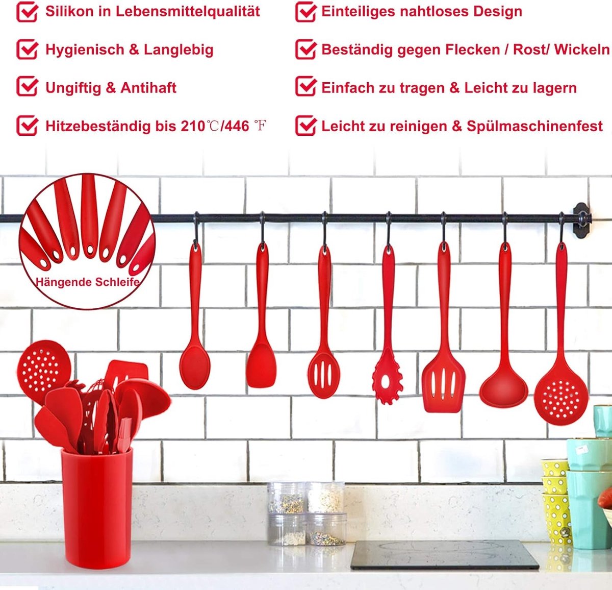 12-delige Silicone Keuken Set, Hittebestendig Keukengerei met Houder, Gezond en Antiaanbak, Vaatwasserbestendig, Rood