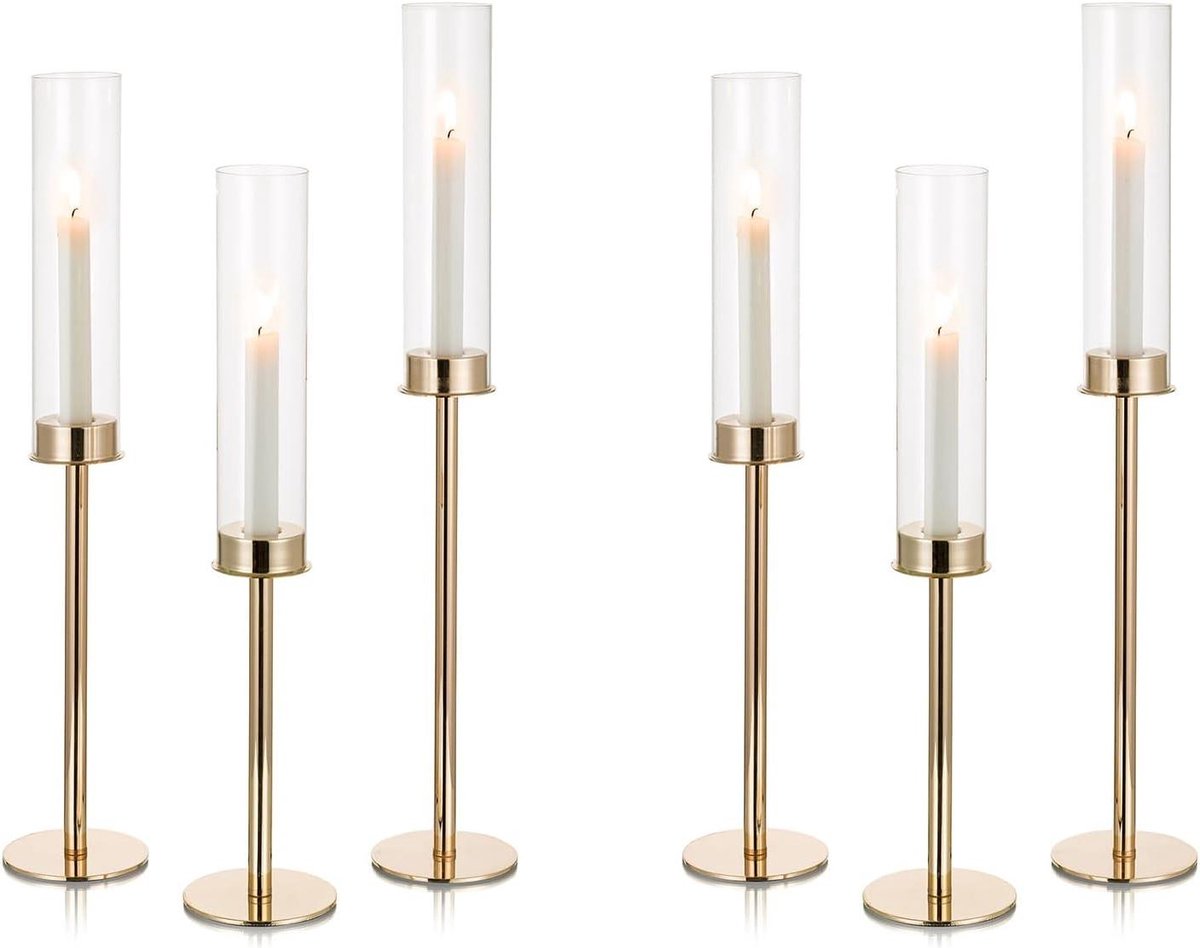 Kandelaar Set - Kaarsenhouder Tafeldecoratie - Feestdecoratie - Winddicht Glas - 60-50cm 6 Stuks - Goud
