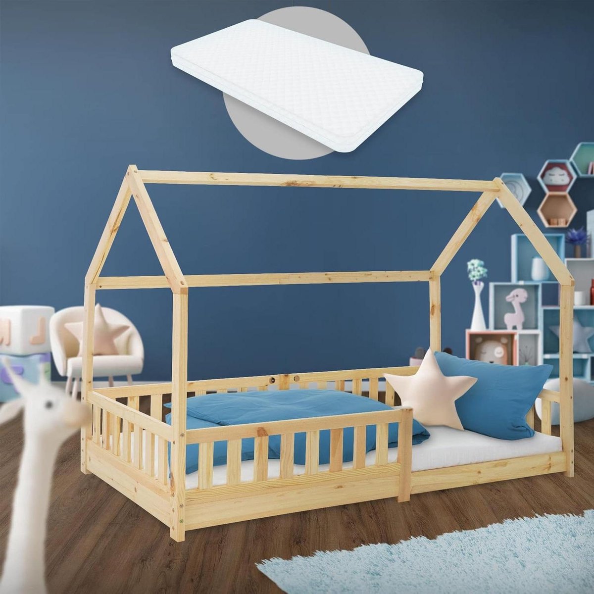 Kinderbed Tipi - Huisbed Speelbed - Veilig Slapen - Met Valbeveiliging - 90 x 200 cm - Natuurlijk