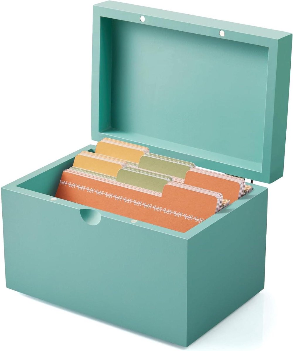 Kaarthouder - Notitiekaarten Box - Thuis Kantoor - Handgemaakt Massief Hout - 3x5 Inch - Turquoise