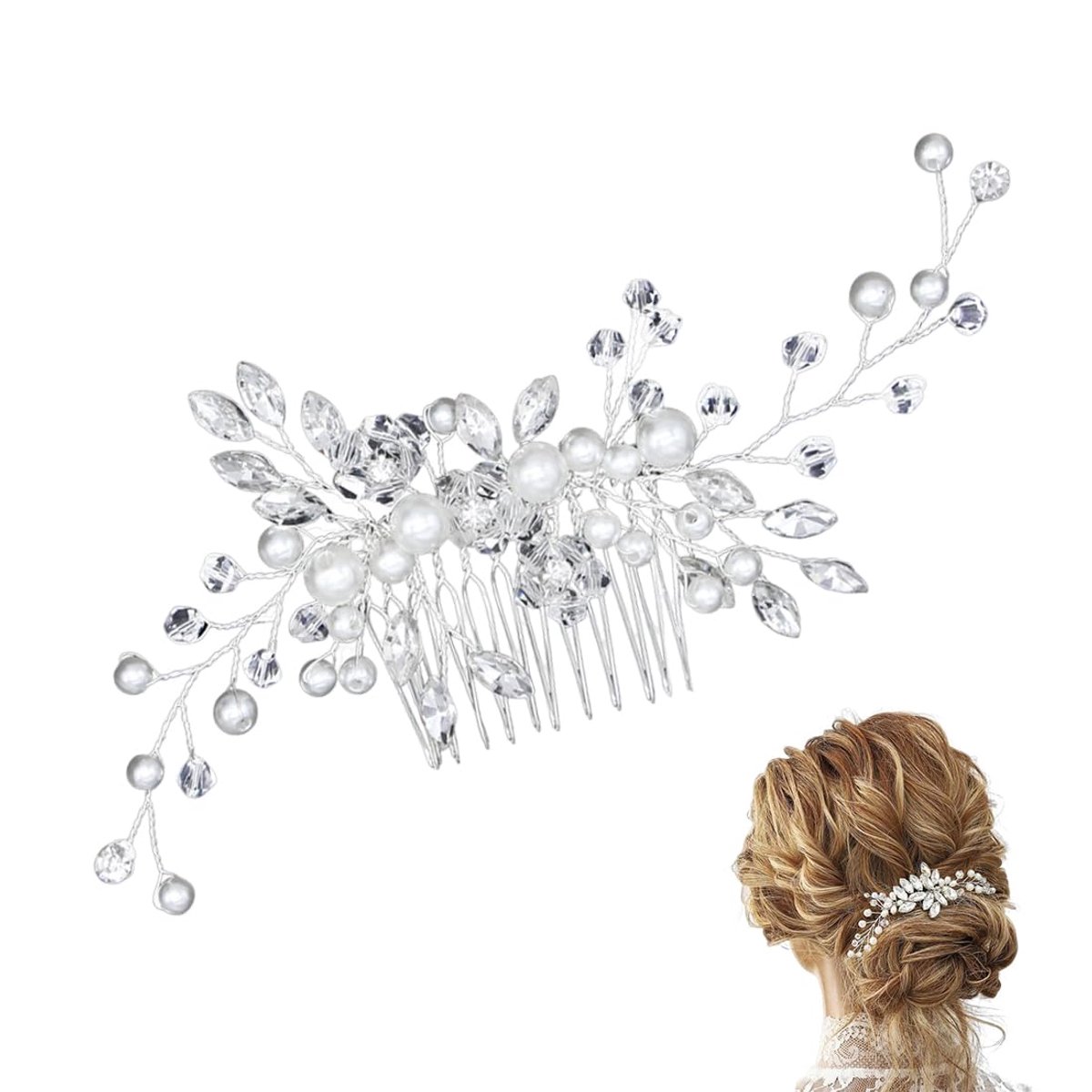Haarkammen met kristal en bloem, bruidshaaraccessoires met parels, elegante ornamenten voor vrouwen en meisjes, zilverkleurig