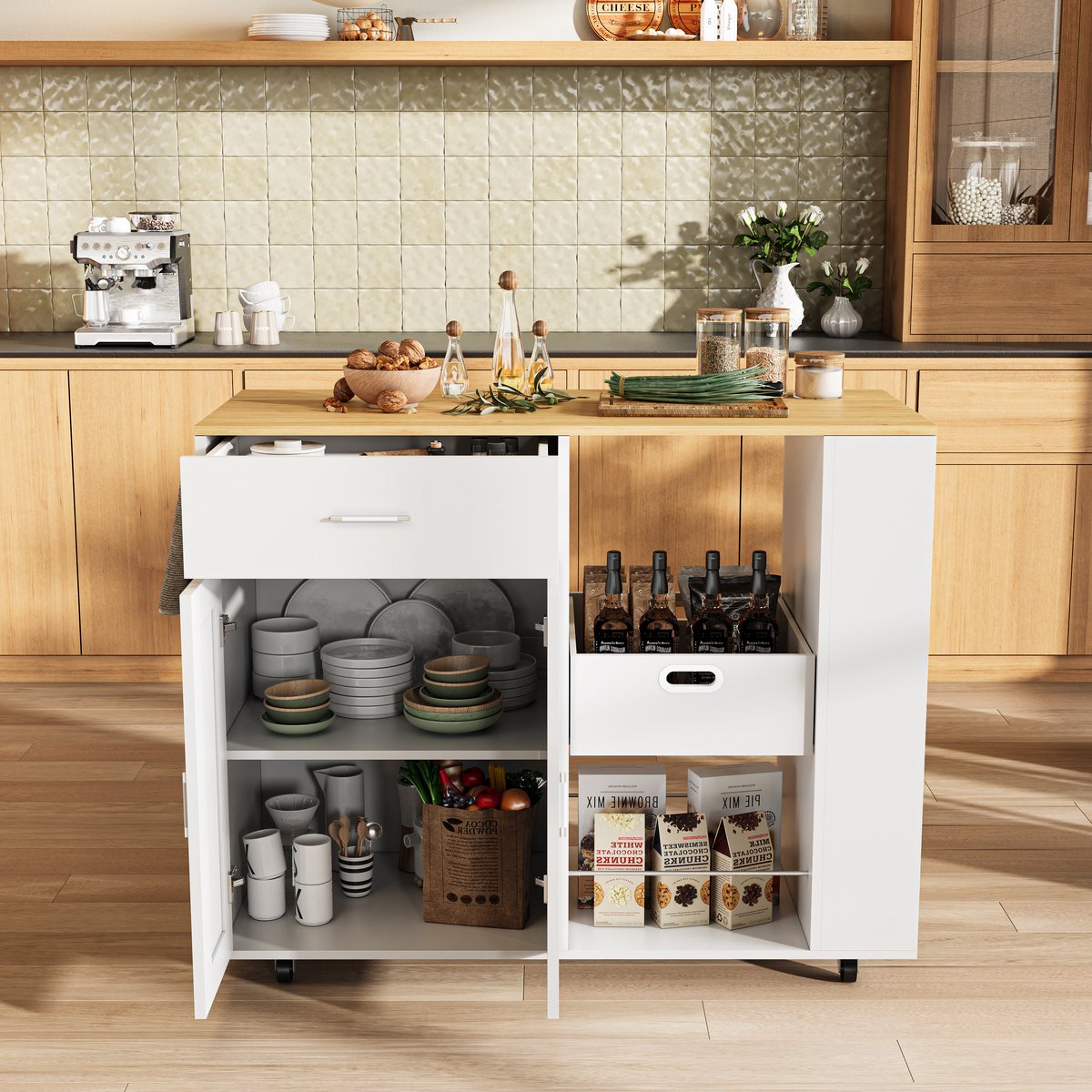 Verrijdbaar keukeneiland 102x46x92 cm, keukenkast met lade, 2 deuren, kruidenrek, open opbergruimte, buffetkast, servieskast, koffiebar, eikenlook blad, wit