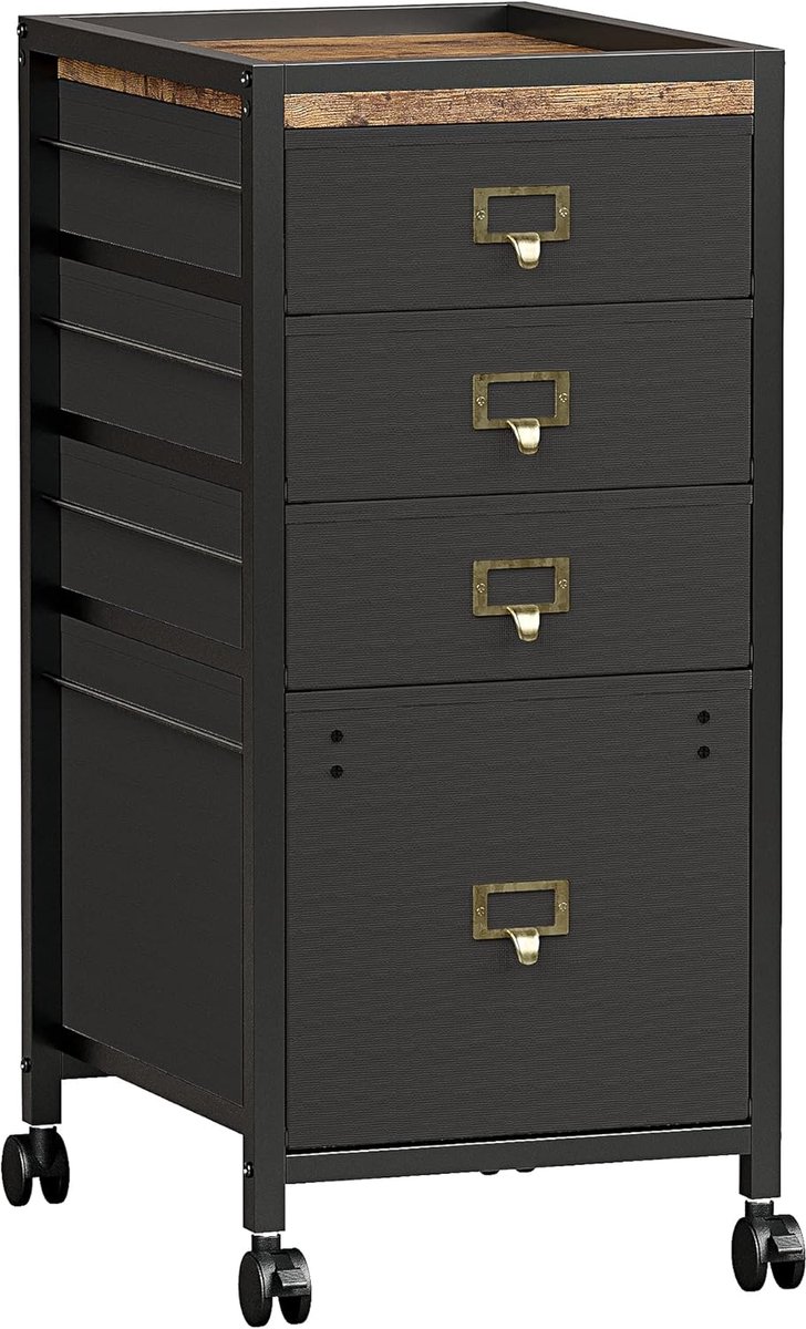 Mobiele Archiefkast met 4 Lades - Rolblok voor Onder Bureau - Geschikt voor A4 Hangmappen - Zwart - Stoffen Lades & Metalen Frame