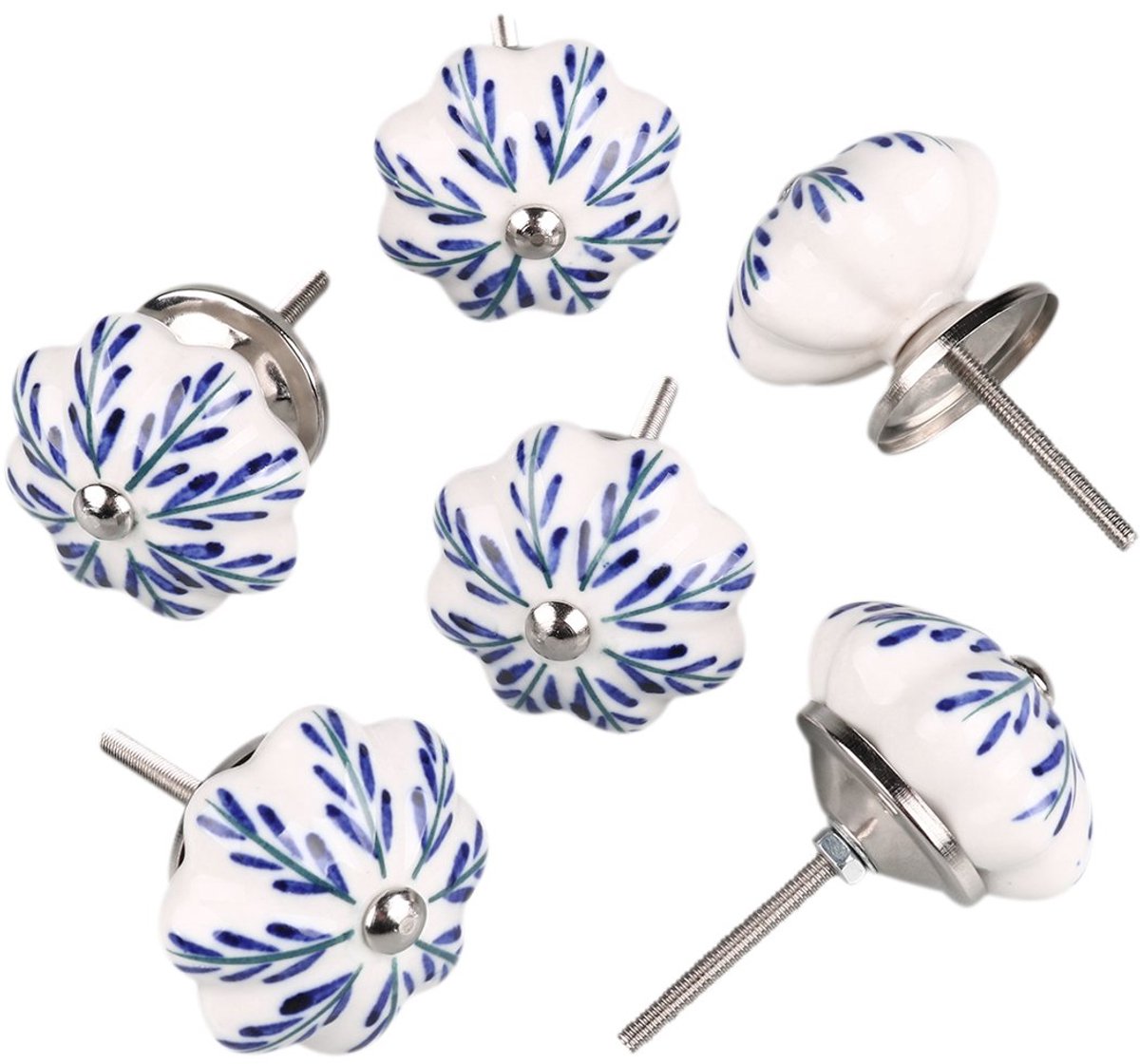 6 Stuks Vintage Shabby Knoppen Wit En Blauw Bloemen Handgeschilderde Keramische Pompoen Kast Garderobe Kast Lade Deurgrepen Trekt Knop, Pachira Macrocarpa