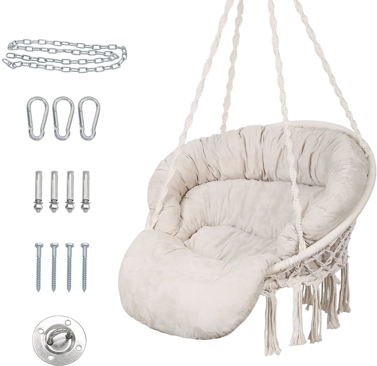 Hangmat van katoen met conjins macraméschommelstoel, handgemaakt, met ophangset, Bohemen, tuin, binnen en buiten, beige