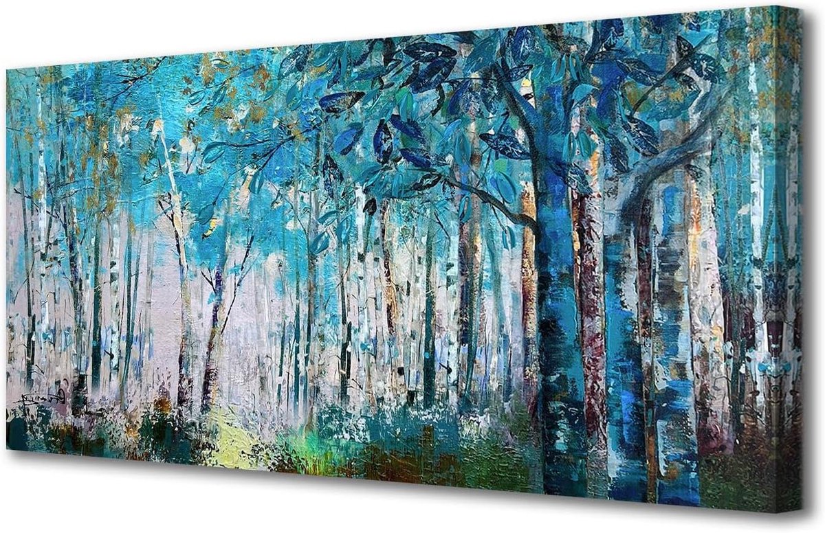 Canvas Muurdecoratie - Schilderij Bos - Woonkamer Decoreren - Met Gel Decoraties - 100 x 50 cm - Blauw Groen