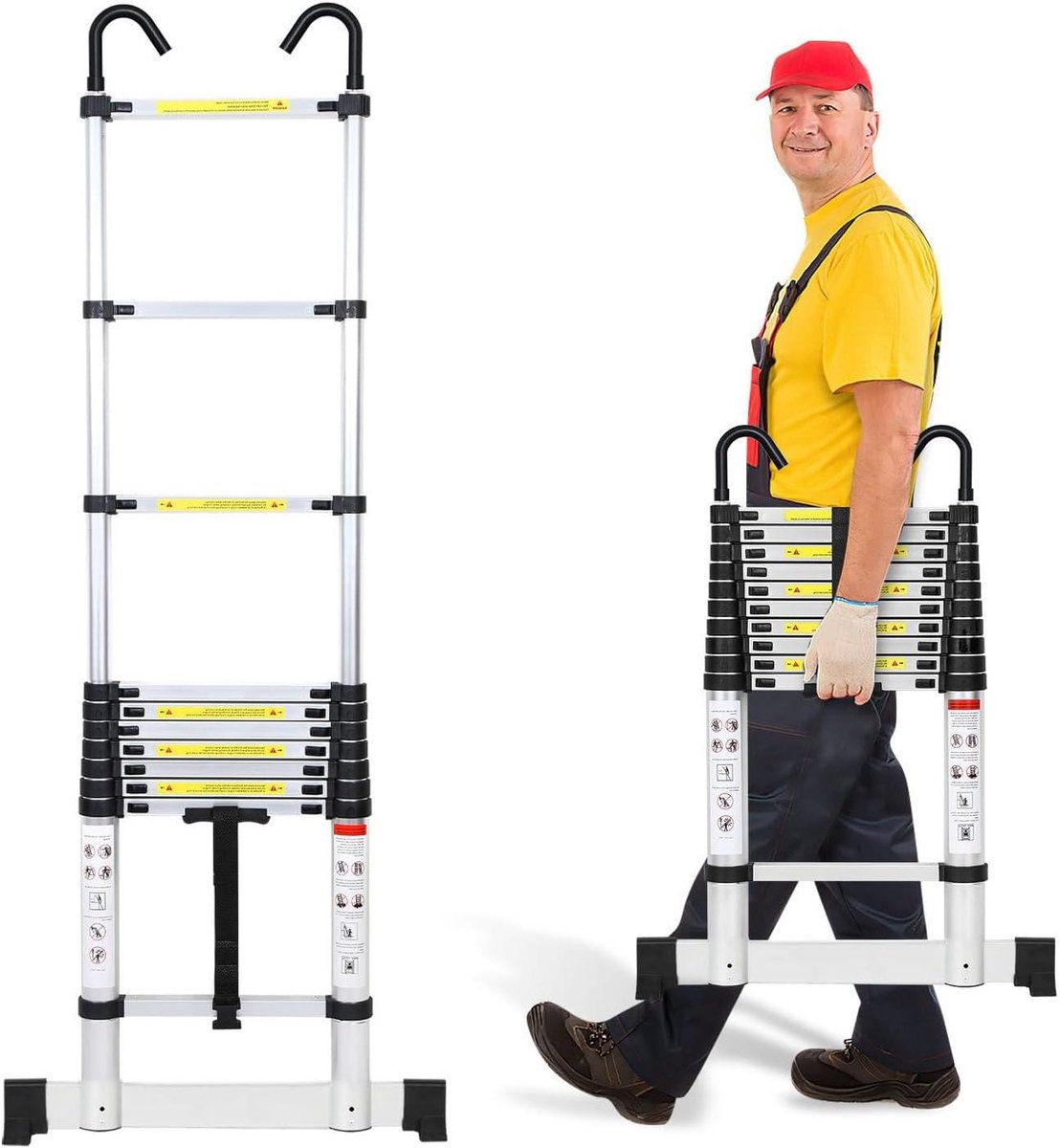Telescopische Ladder - Uitschuifbare Ladder - Klusjes Binnenshuis - Met 2 Afneembare Haken - 3.2 Meter - Zilver
