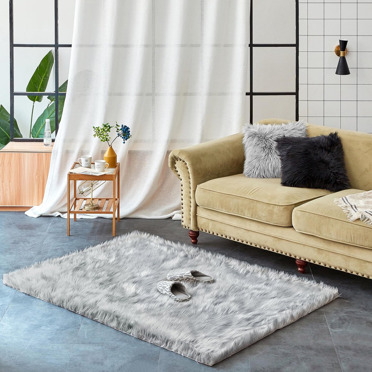 Wölkchen Schapenvacht Tapijt, Imitatiebont Lamsvacht, Schapenvel Imitatievacht - Kunstbont Tapijt Slaapkamer Woonkamer - Wasbaar Bont Tapijt, Decoratiebont - Grijs - 120 x 170 cm Rechthoek