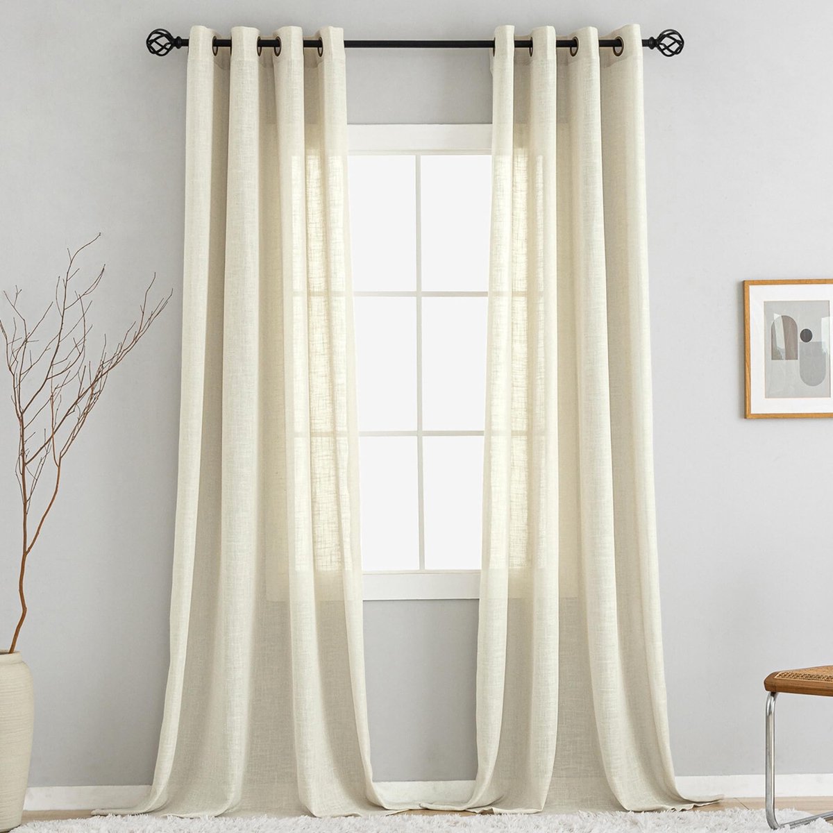 natuurlijke linnenstructuur, met oogjes, linnen gordijnen voor ramen, woonkamer, beige, 220 x 140 cm (h x b), 2 stuks