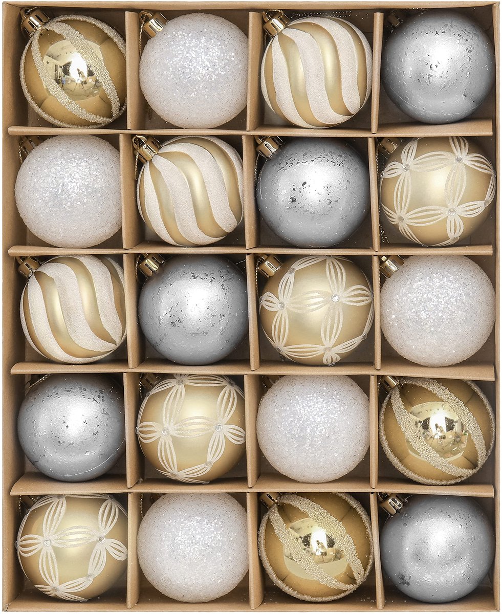 Valery Madelyn 20st 6cm kerstballen, wit, zilver en goud, kerstboomversiering, hangende glitter mat glitter hangende bal, onbreekbaar ornament, kraftkartonnen verpakking