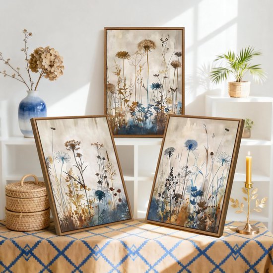 3 Stks Minimalistische Planten Paardenbloem Ingelijst Canvas Muurkunst Set, Blauw Bruine Bloemen Botanische Muurdecoratie Noorse Rustieke Stijl Muurschildering Kunst Afdrukken Foto's voor Woonkamer — afbeelding 4